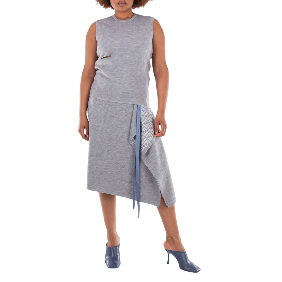 Fendi Logo Pattern Midi Drape Wool Skirt - 6