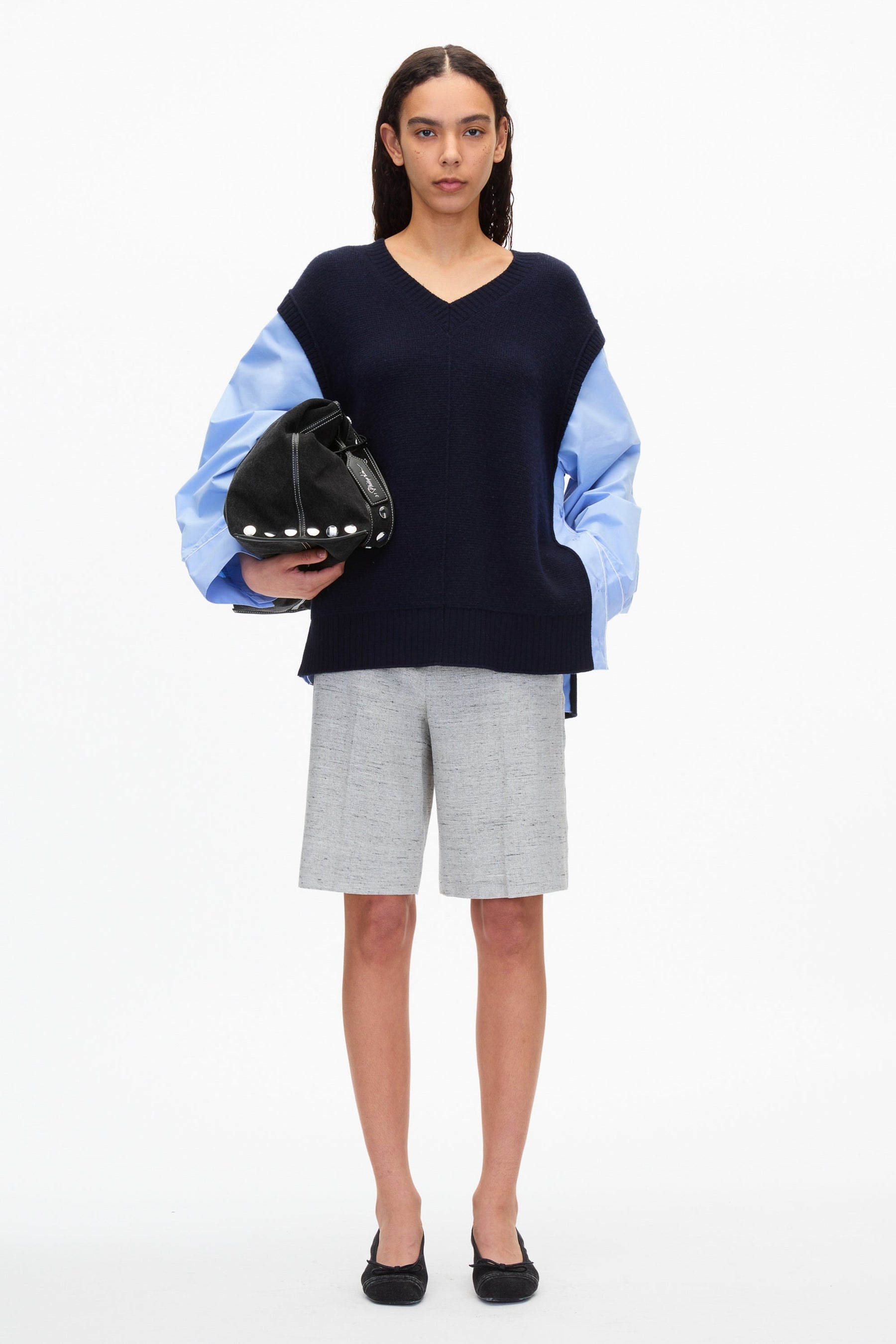 Oversized Knit Vest with Poplin Sleeves - 1