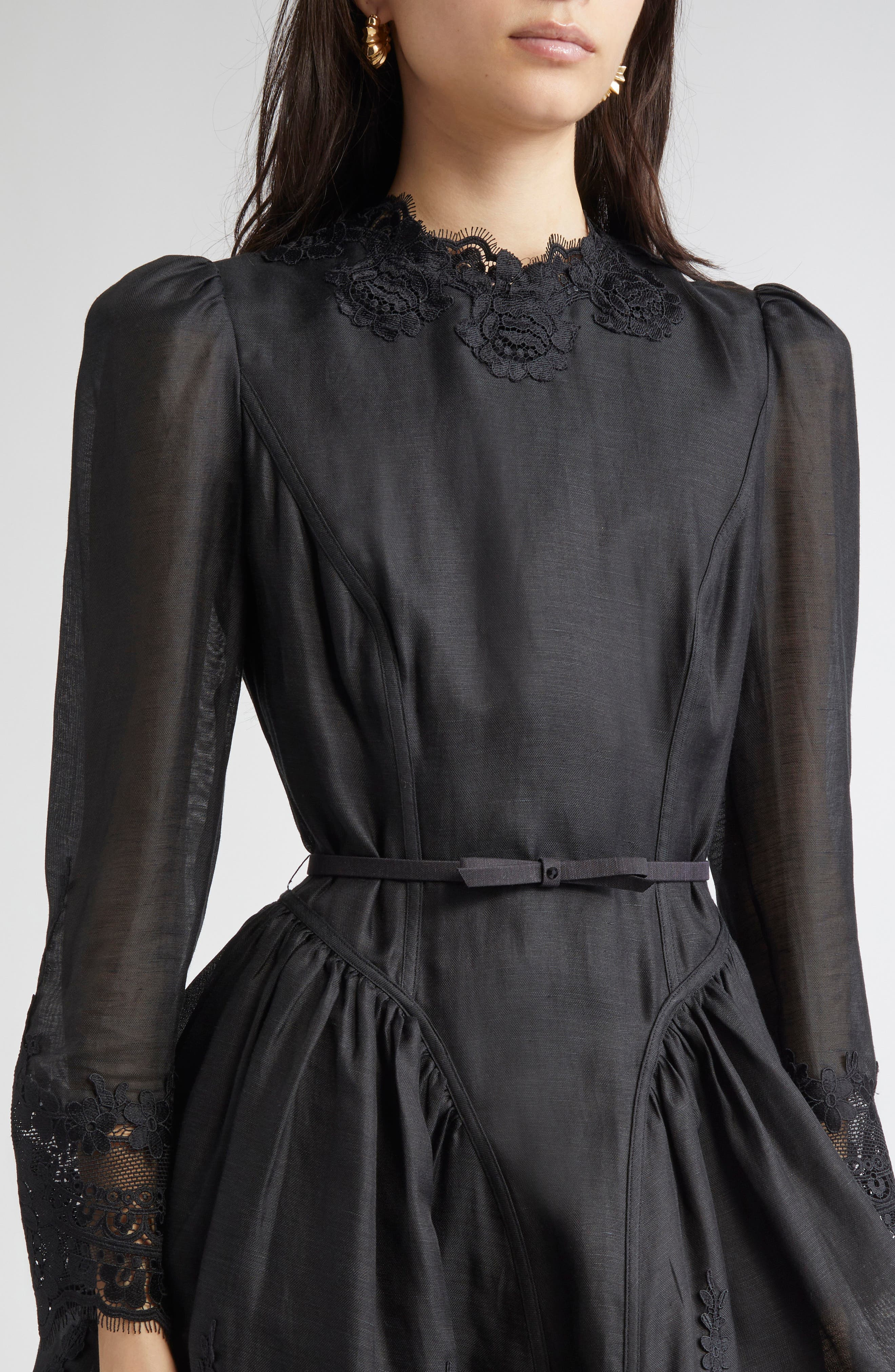 Zimmermann Hypnotic Lace Trim Long Sleeve Belted Linen & Silk Minidress in Black at Nordstrom - 4