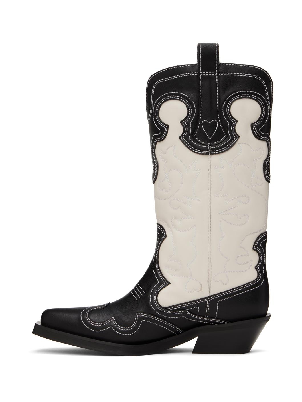 Black & White Mid Shaft Embroidered Western Boots - 3