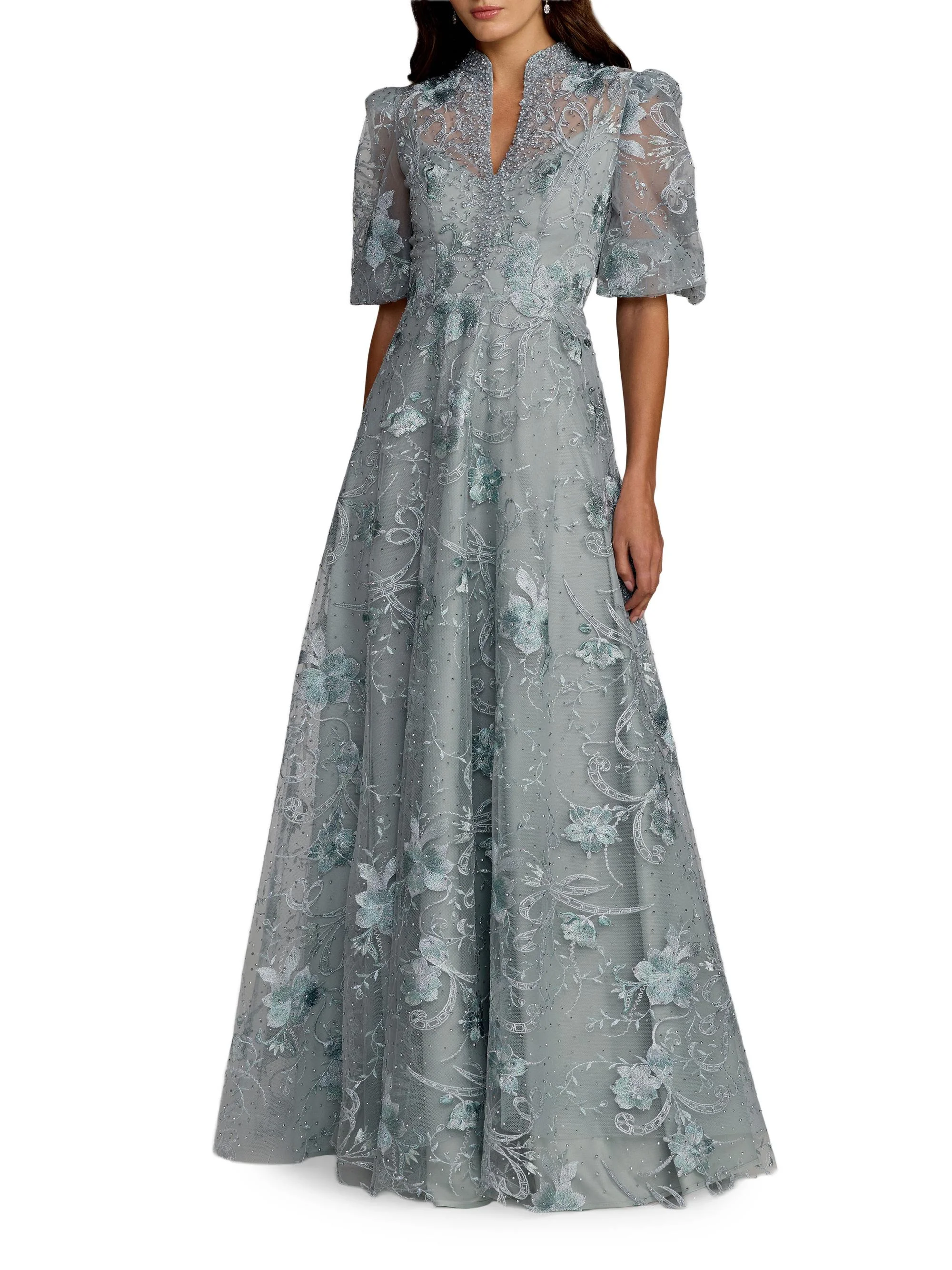 Women's Floral-Embroidered Puff A-Line Gown - French Blue - 1