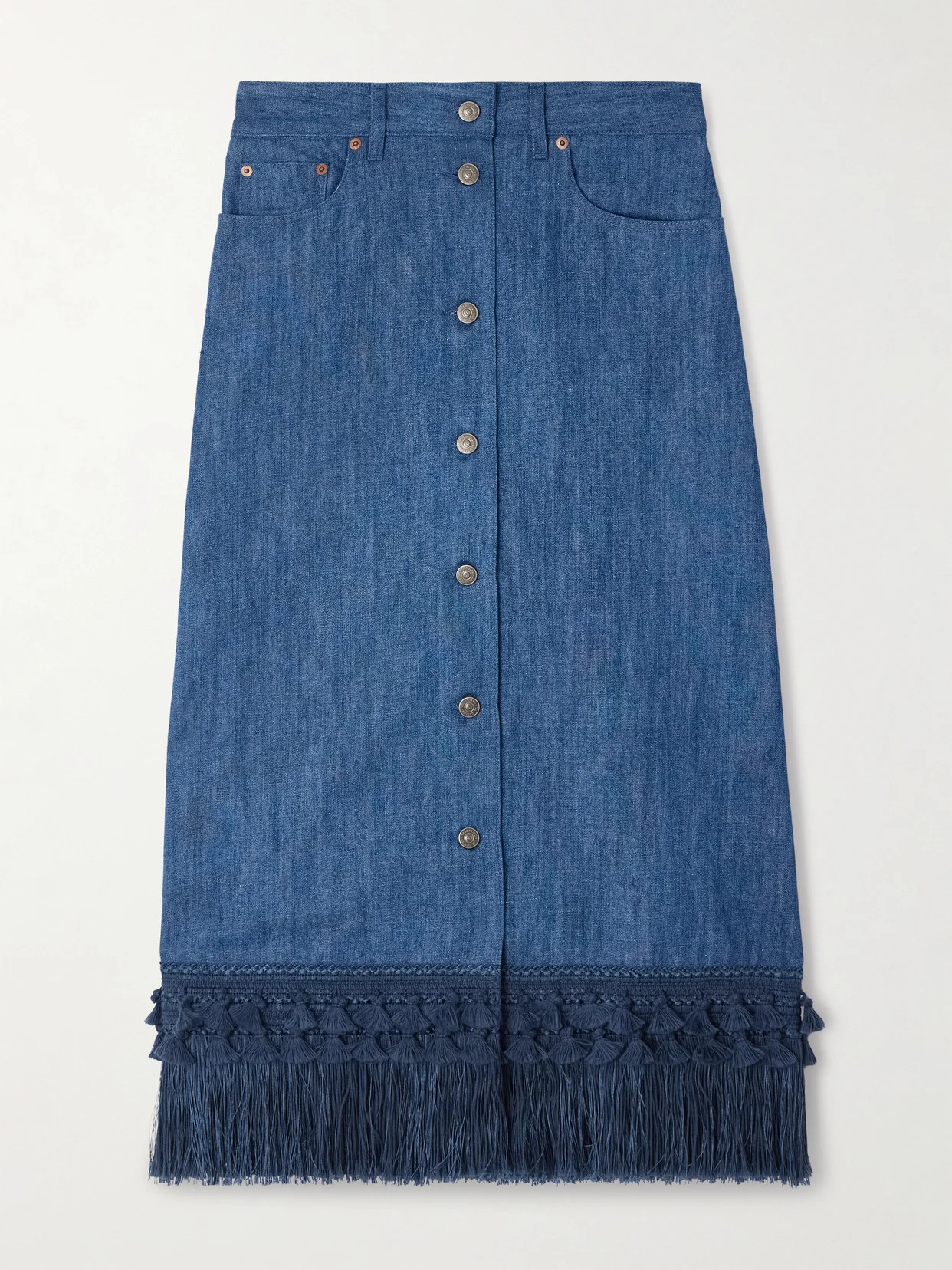 Tasseled Fringed Denim Midi Skirt - 1
