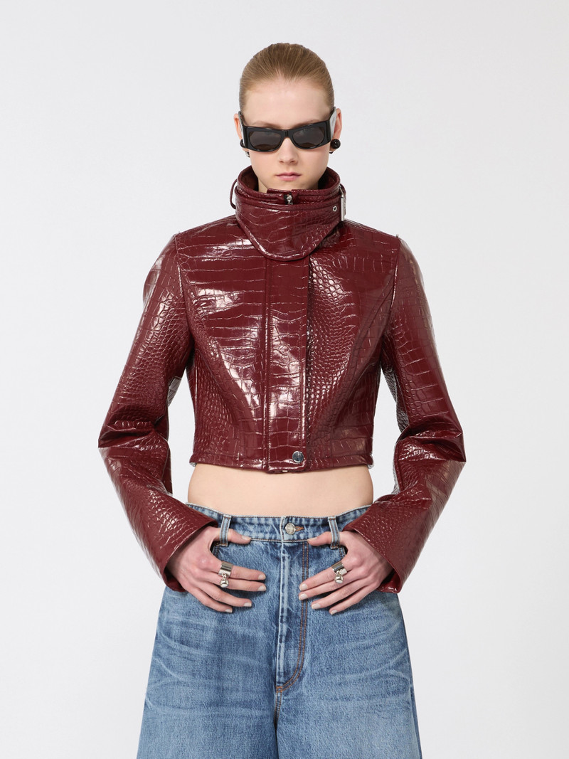 SULTANO Patent leather cropped jacket with alligator print - DARK RED 5