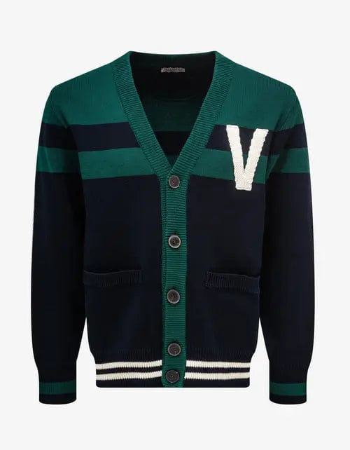 Valentino Navy Blue & Green V Logo Patch Cardigan - 1