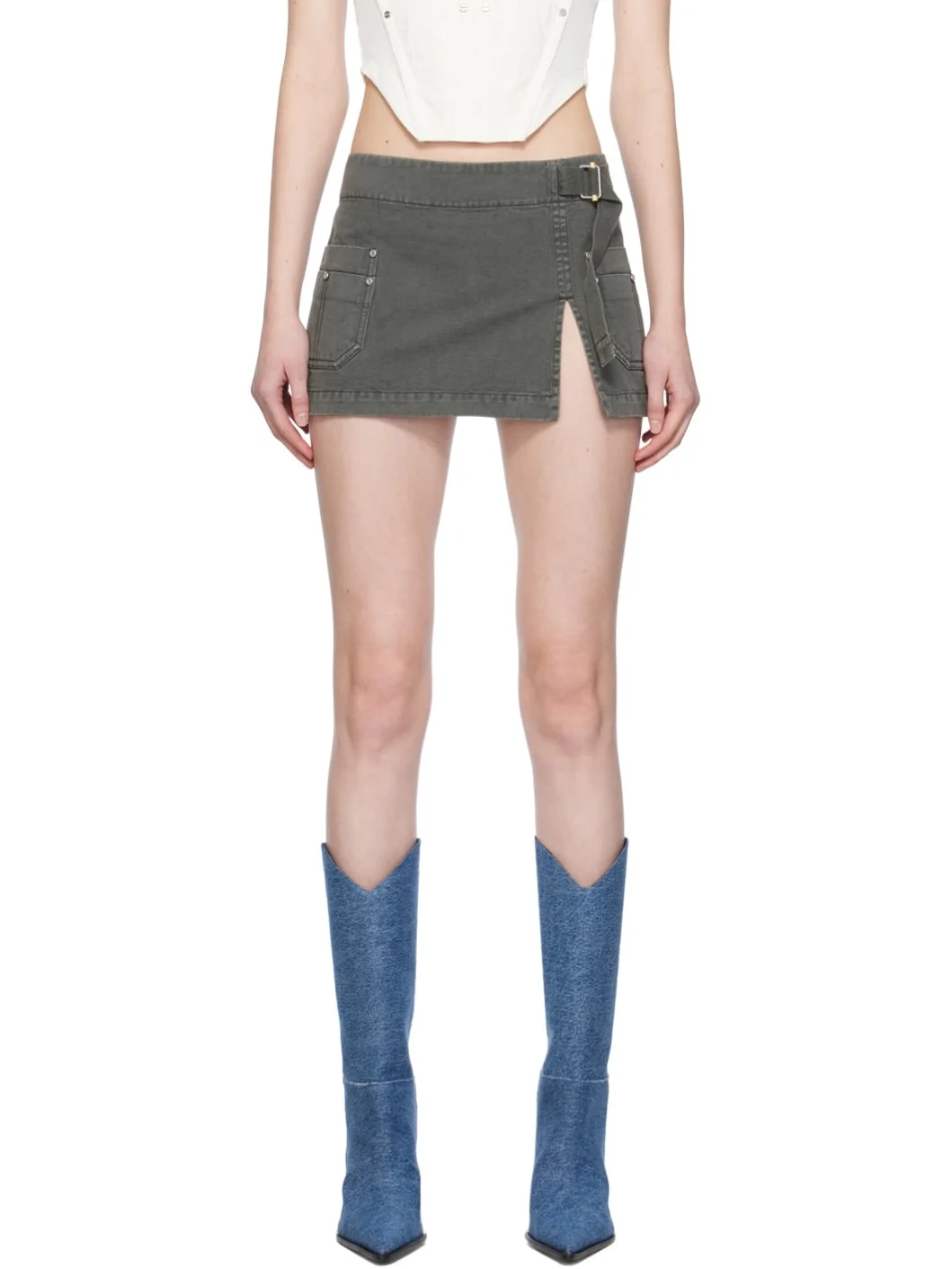 Gray Apron Wrap Denim Miniskirt - 1