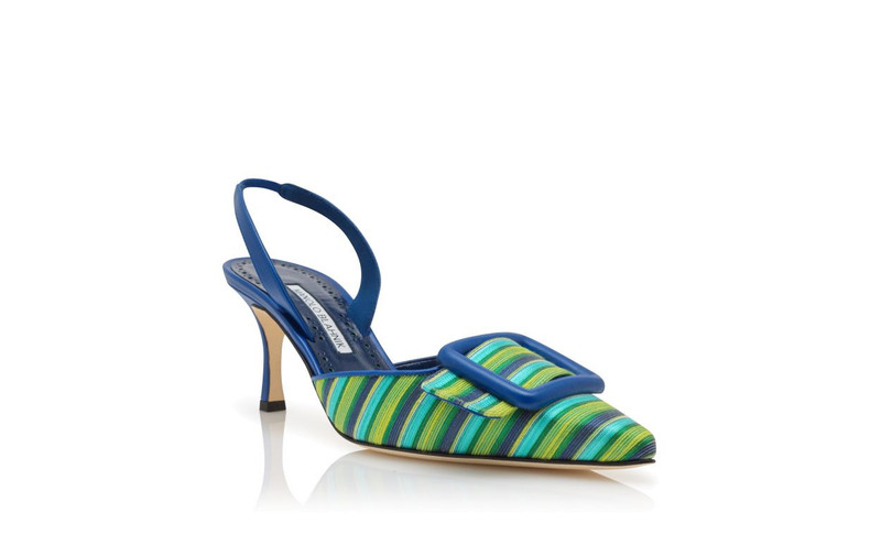 Blue And Green Cotton Buckle Detail Slingback Pumps 3