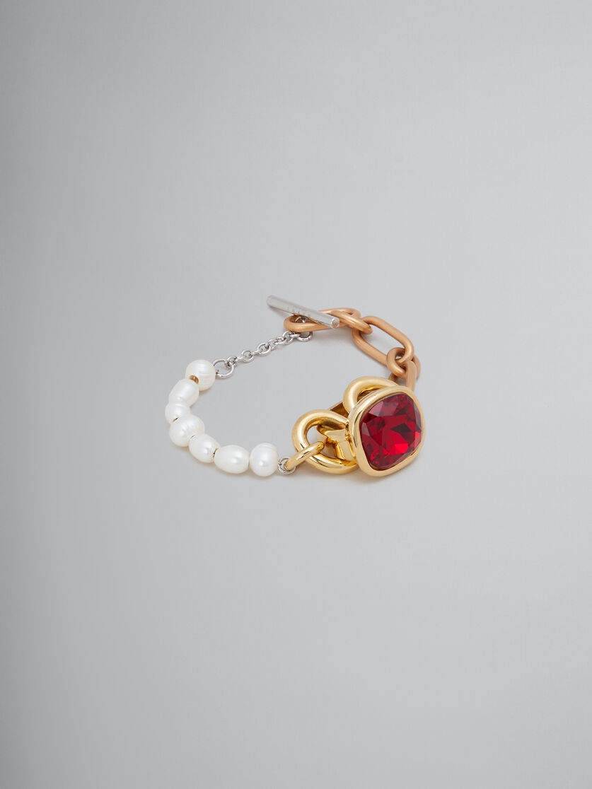 MIXED LINK CHAIN BRACELET WITH PEARLS AND RING - 1