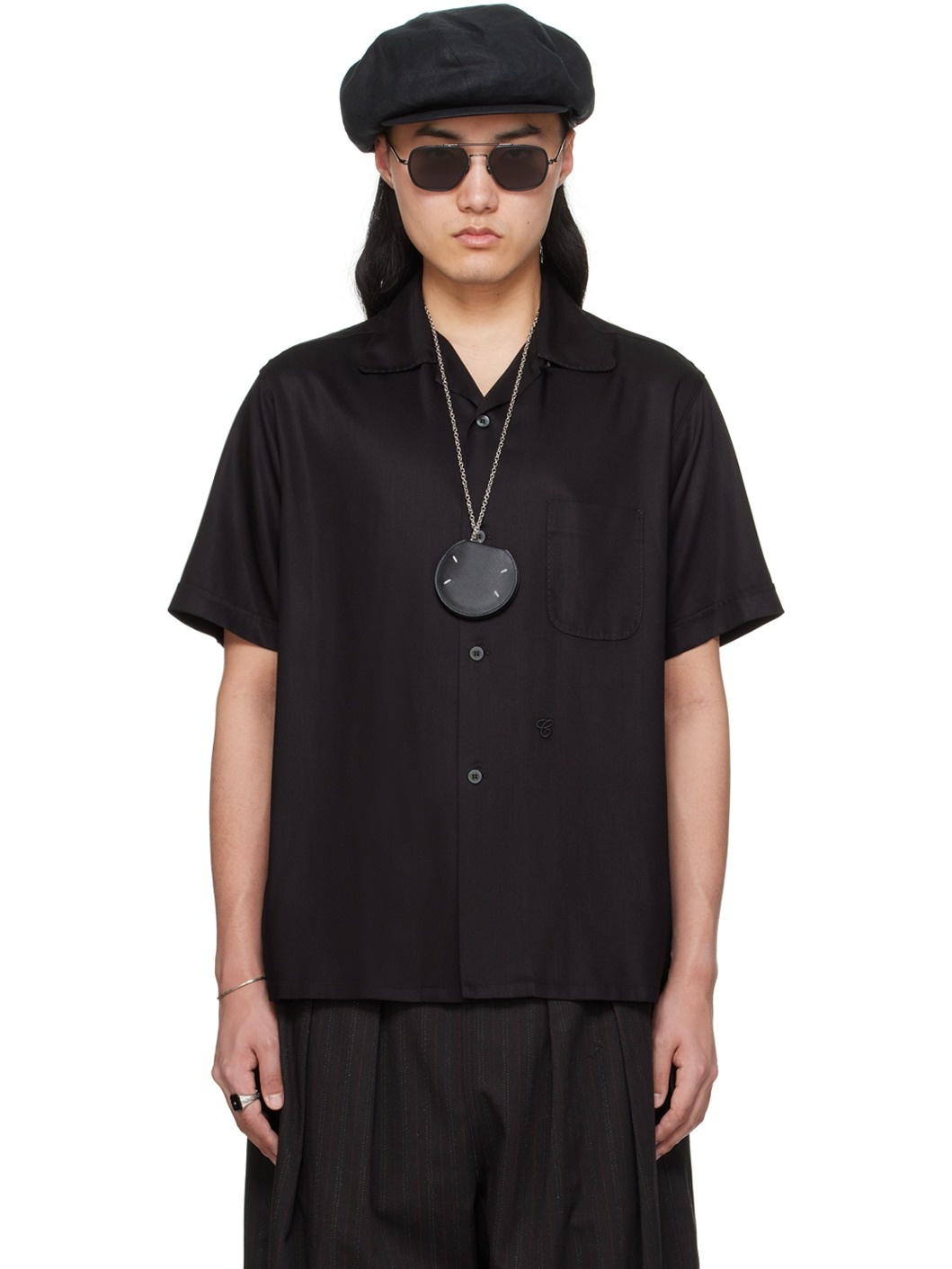 Black Open Spread Collar Shirt - 1