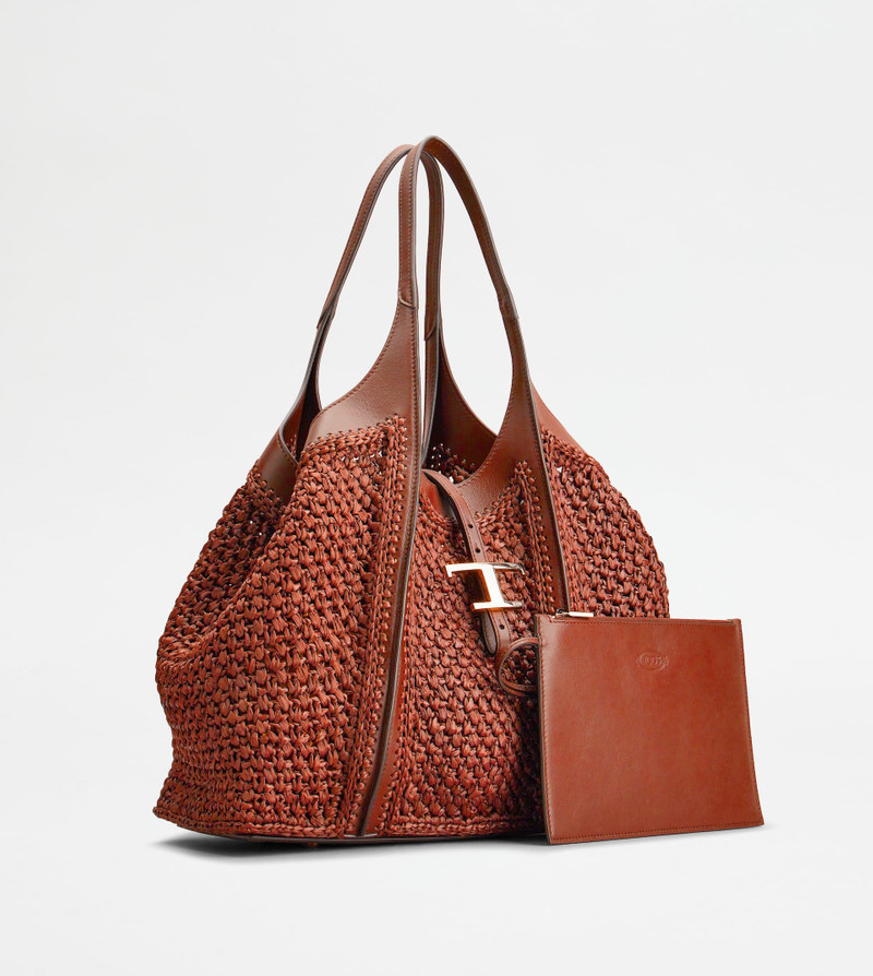 Tod's T TIMELESS SHOPPING BAG IN RAFFIA AND LEATHER MEDIUM - ORANGE outlook