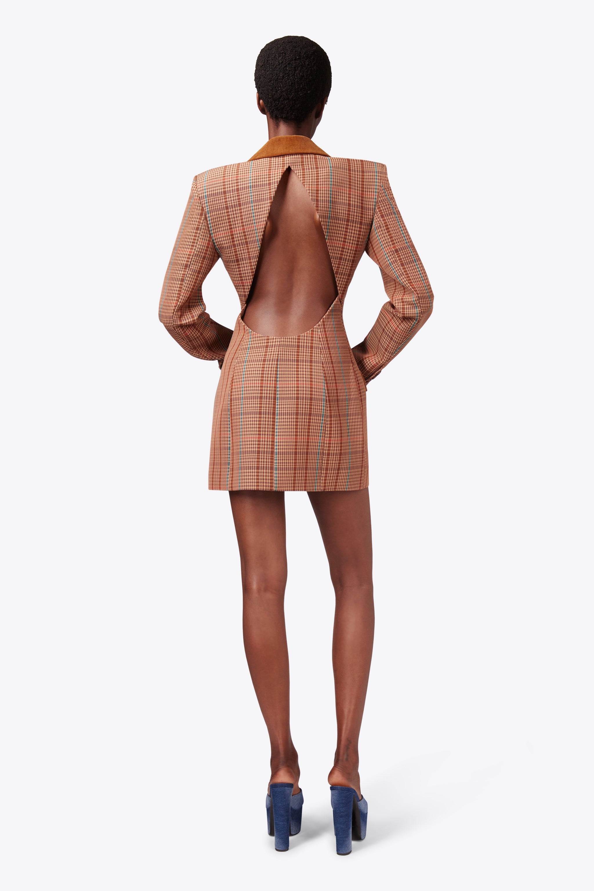 CRYSTAL BUTTON CHECKED OPEN BACK BLAZER DRESS - 6