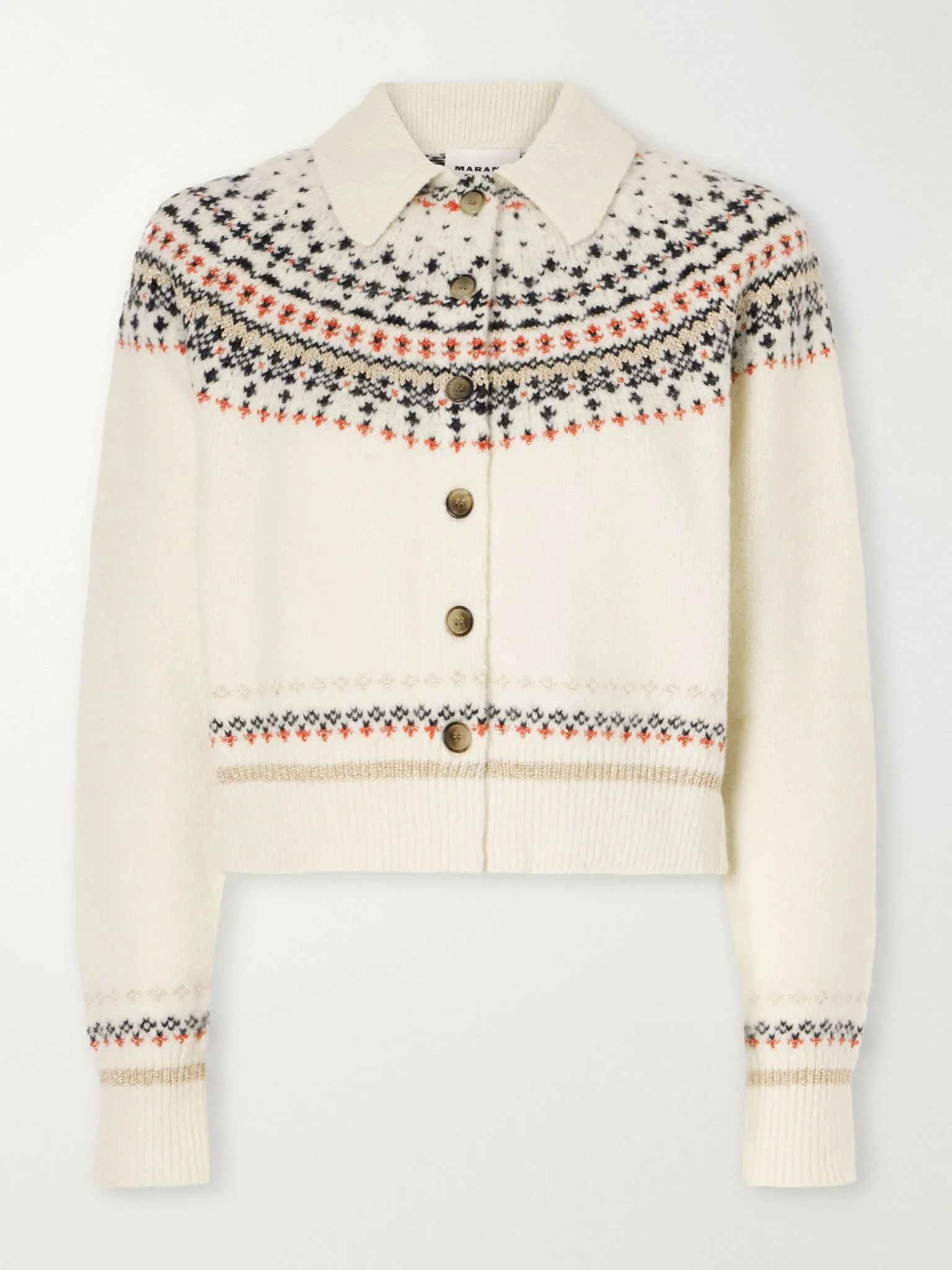 Zoe cropped Fair Isle rib-trimmed knitted cardigan Cream - 1