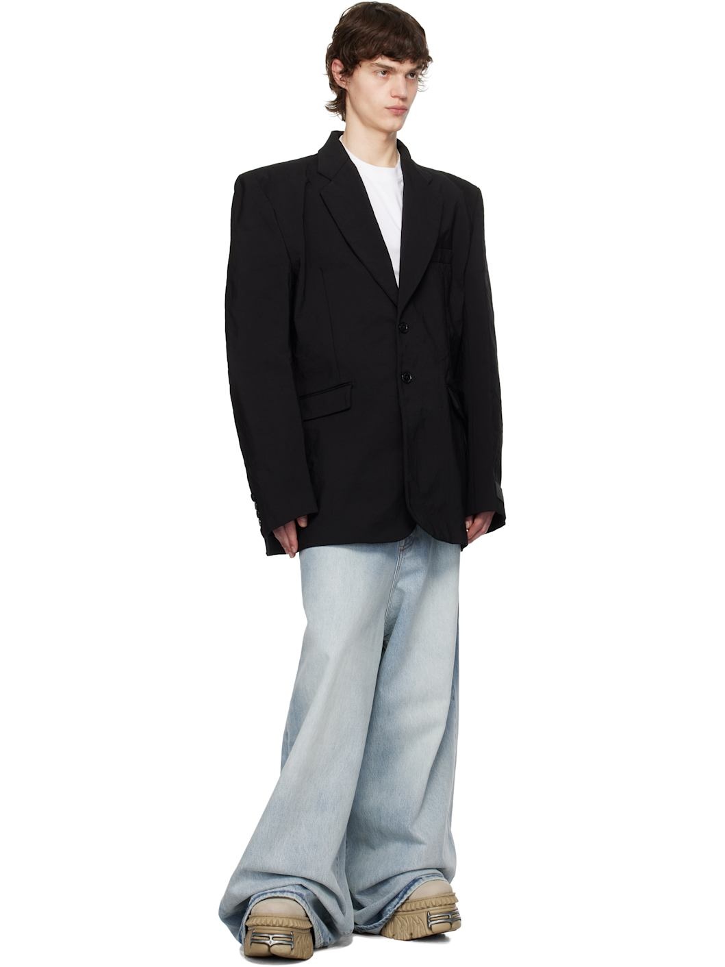 Black Metalized Wrinkled Single Breasted Blazer - 4