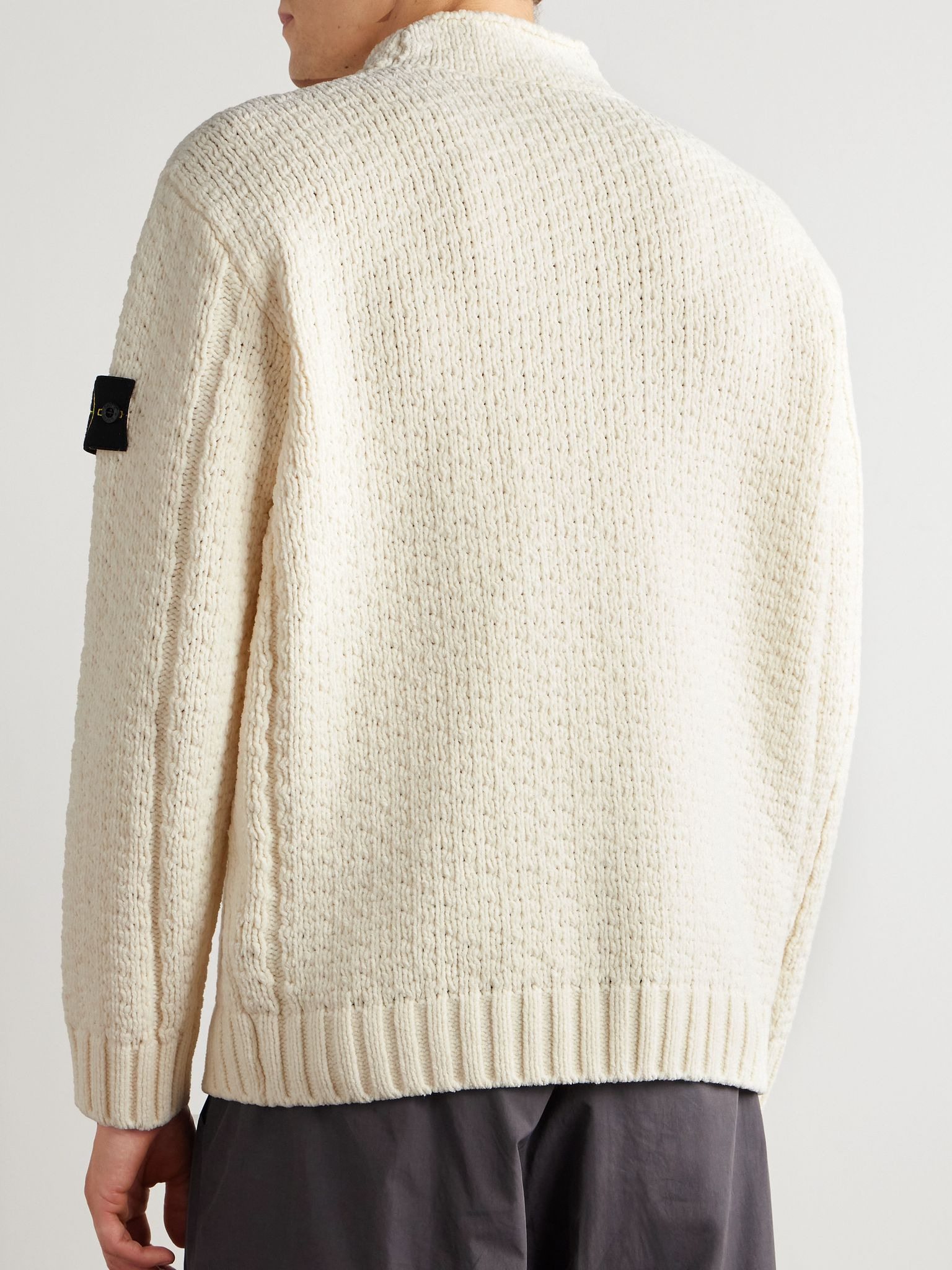 Logo-Appliquéd Cotton-Chenille Mock-Neck Sweater Ivory - 3