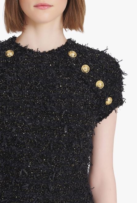 Short black tweed dress with gold-tone buttons - 6