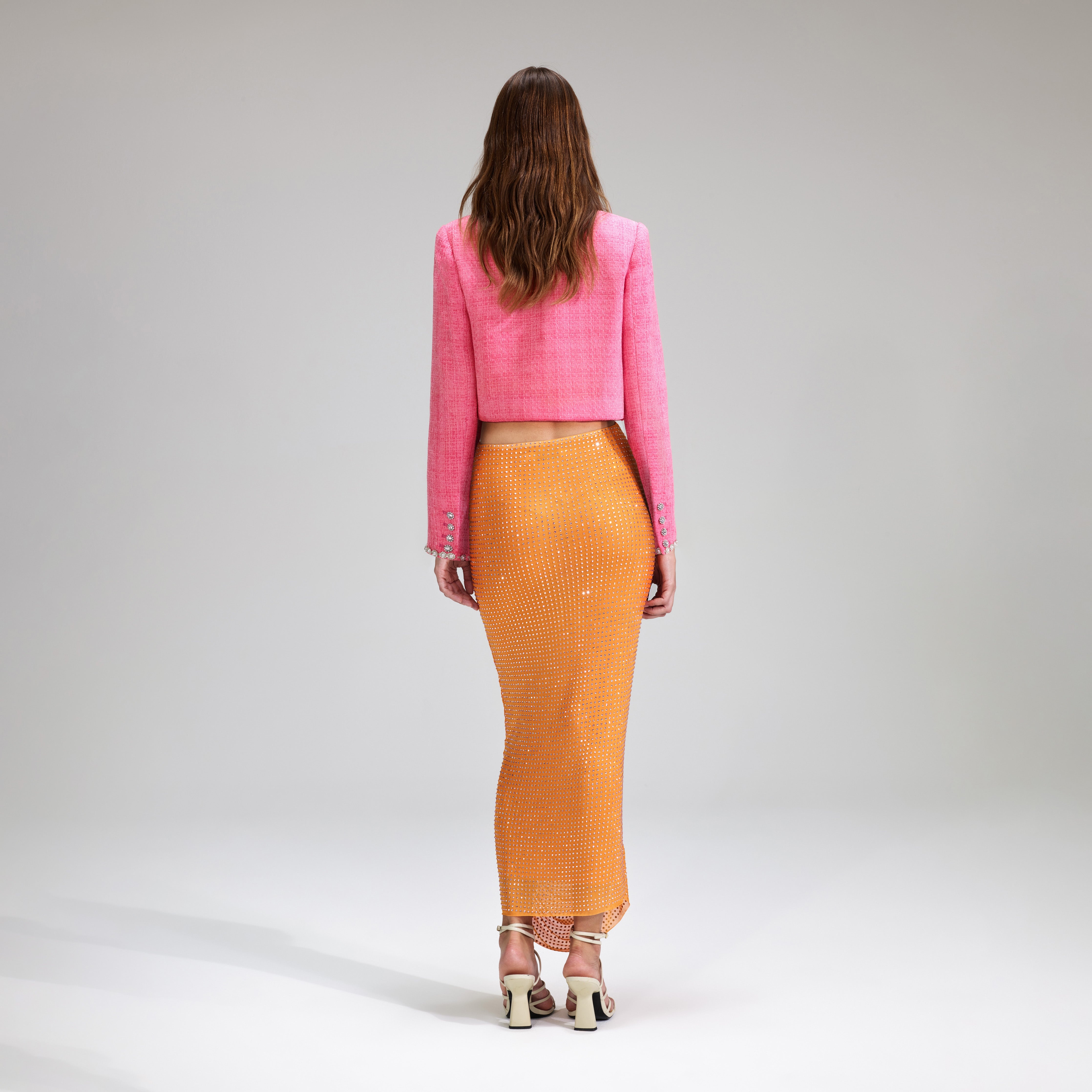 Orange Rhinestone Mesh Midi Skirt - 3