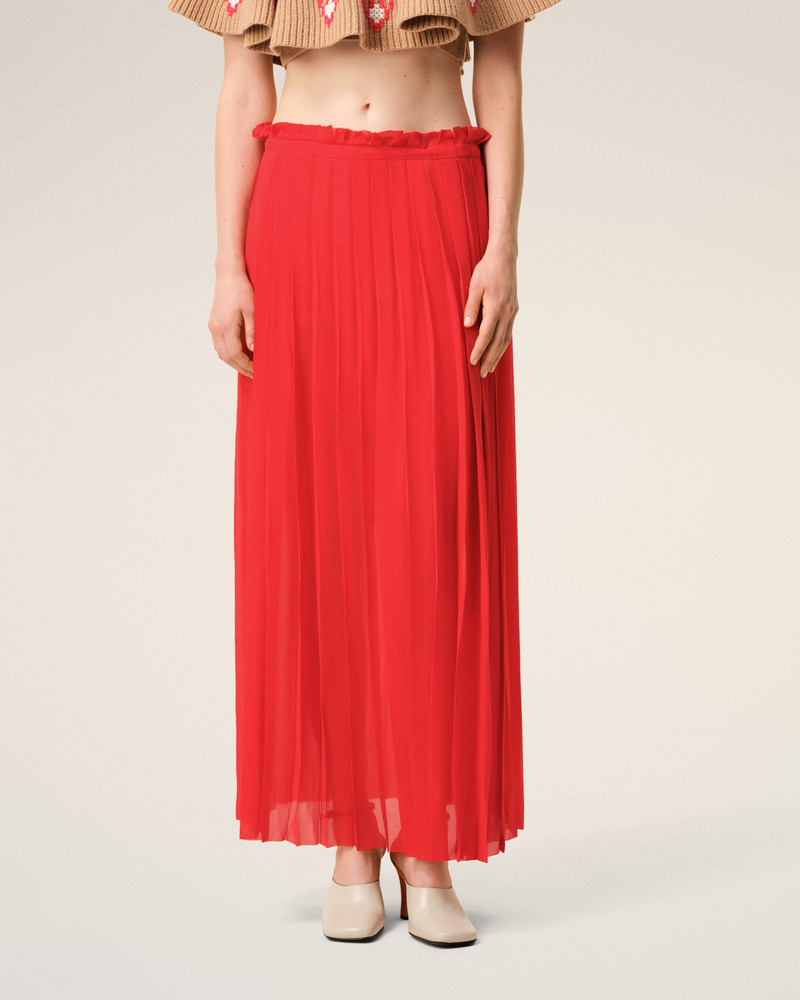 RED SILK LONG PLEATED SKIRT 3
