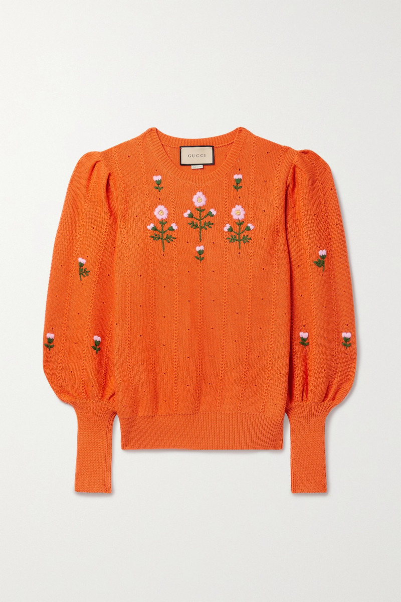 Embroidered pointelle-knit wool and cotton-blend sweater Orange - 1
