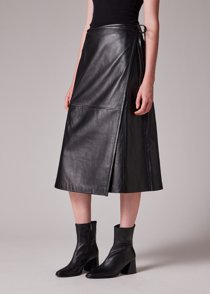 Women's Black Leather Midi Wrap Skirt 6