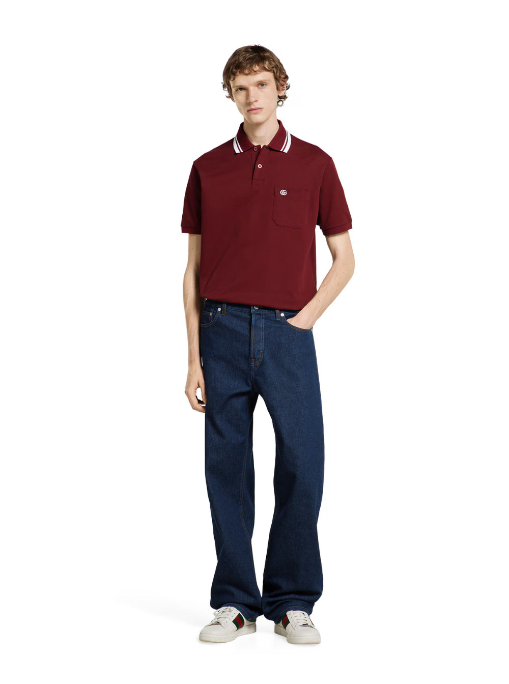 Gucci Men Bordeaux Polo Shirt With Striped Motif On The Collar And Double G Embroidery On The Front  - 4