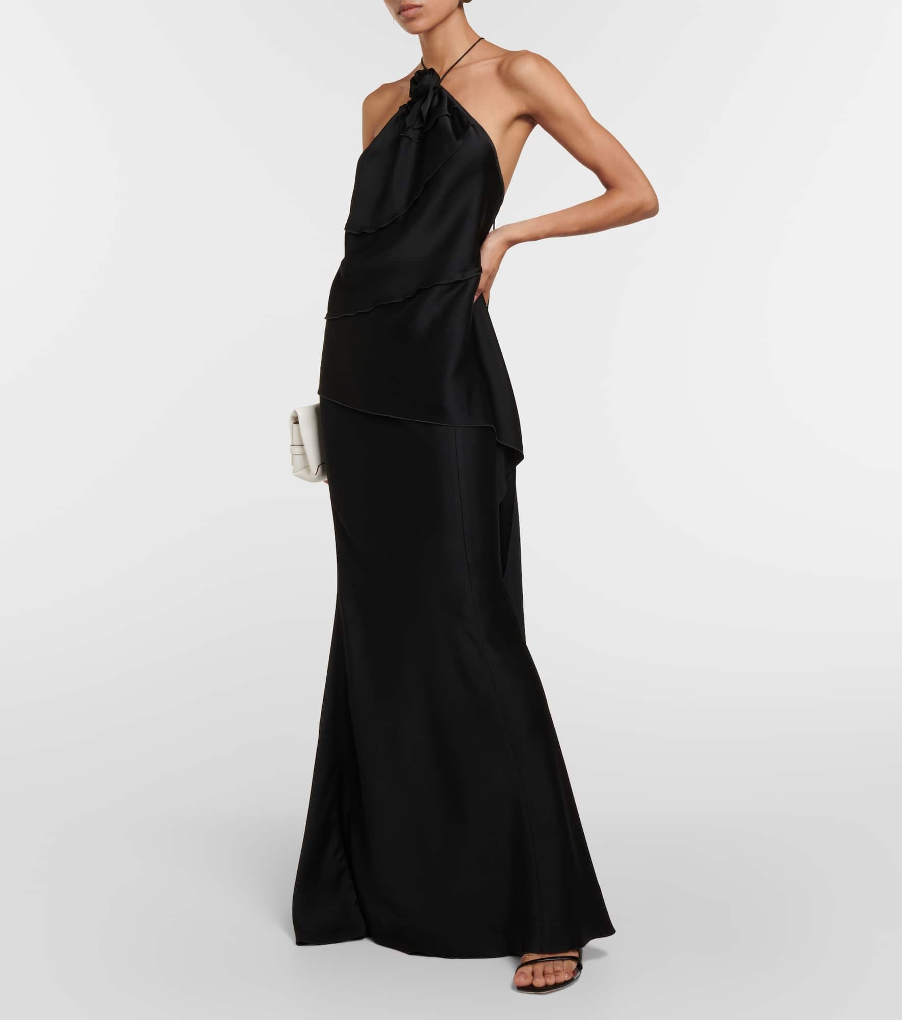 Floral-appliqué draped satin top - 2