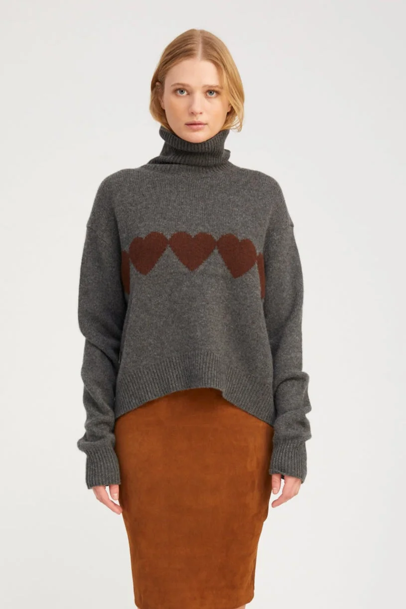 GREY CASHMERE HEART TURTLENECK SWEATER - 1