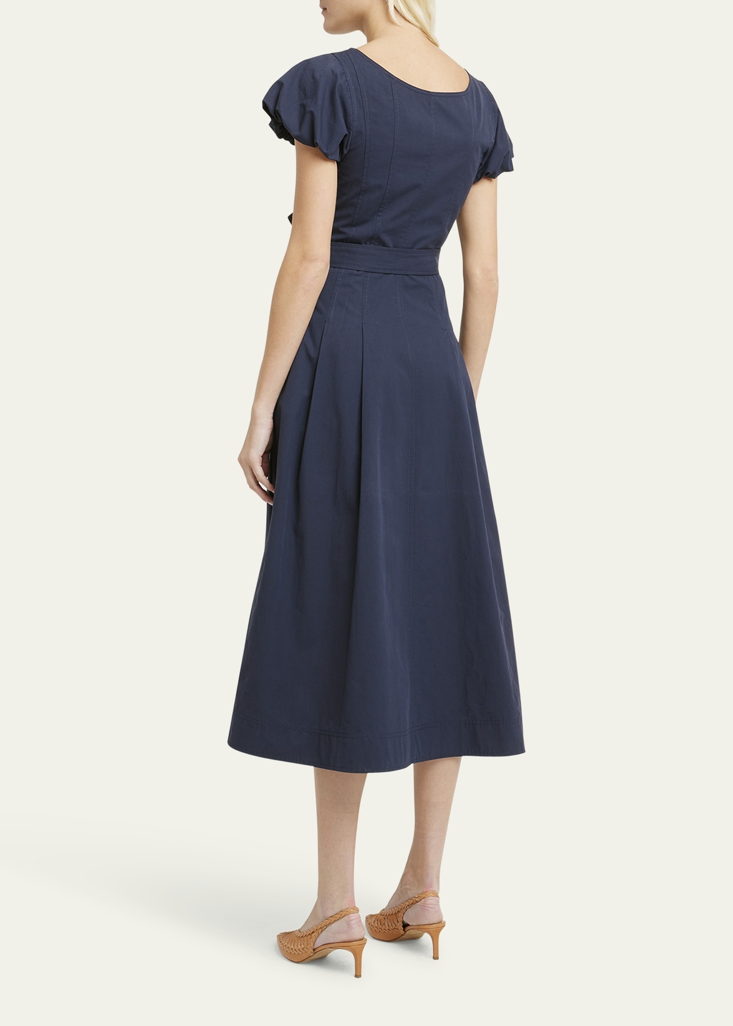 Rhea Puff-Sleeve Belted Midi Poplin Dress - 3