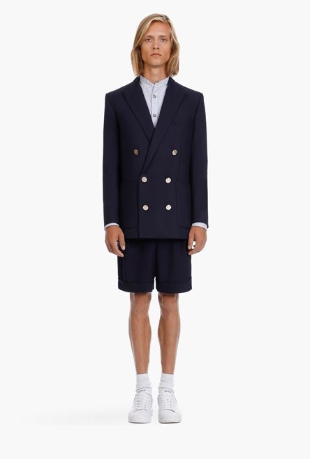 Navy blue wool blazer with double-breasted silver-tone buttoned fastening - 4