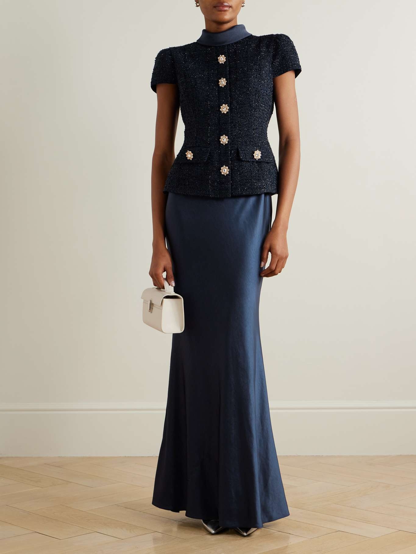 【Self-Portrait】英国発！ llic Boucle Maxi Dress NAVY Navy Metallic Boucle Maxi Dress – self-portrait-US