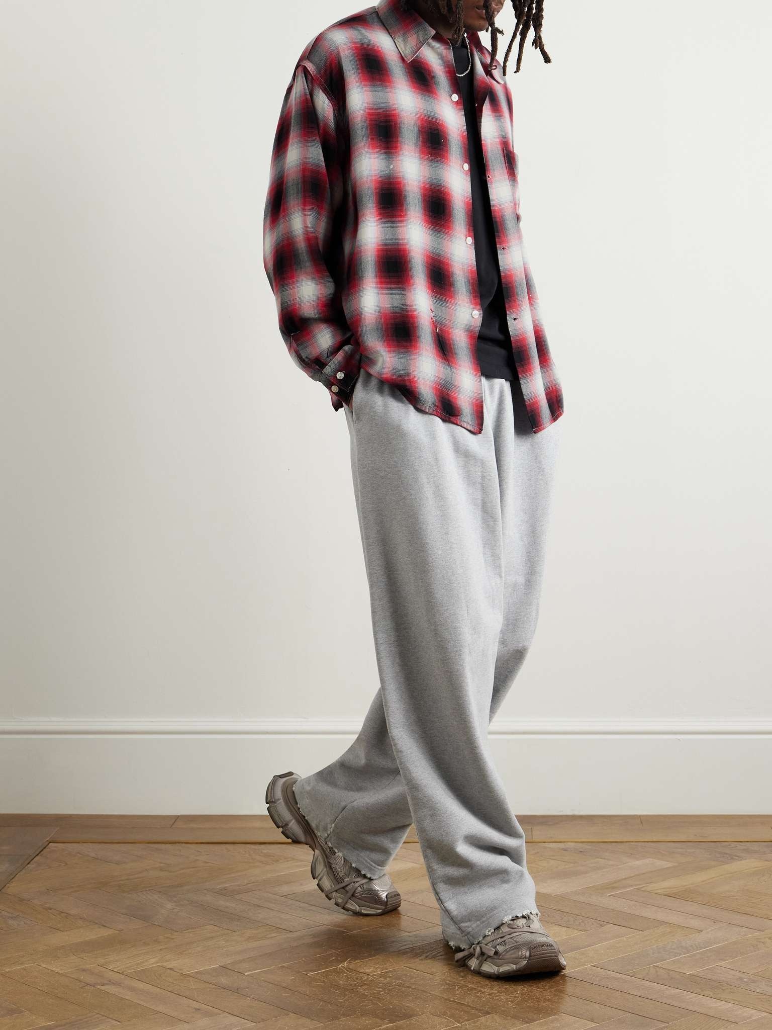 + LASTMAN Convertible-Collar Distressed Paint-Splattered Checked Oxford Shirt - 2