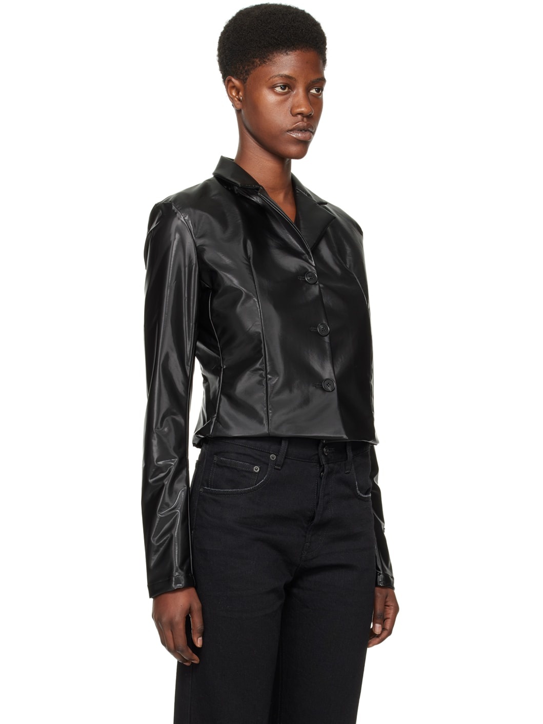 Black Trapeze Faux-Leather Blazer - 2