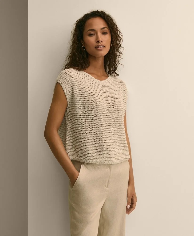 Relaxed Cotton Blend Short-Sleeve Shimmer Sweater - 1