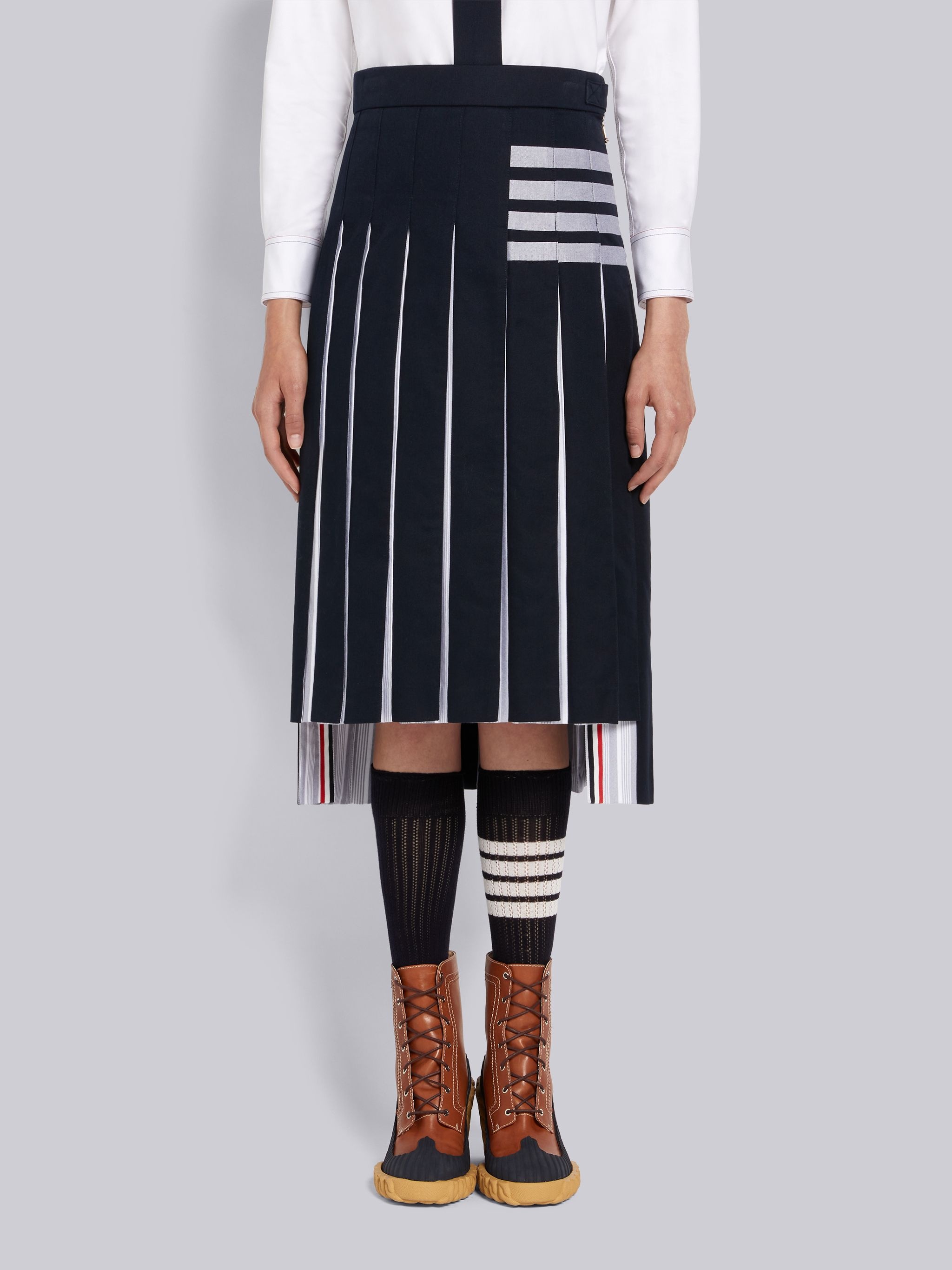 Navy Cotton Twill and Striped Oxford Engineered 4-Bar Below the Knee Dropped Back Pleated Skirt - 1