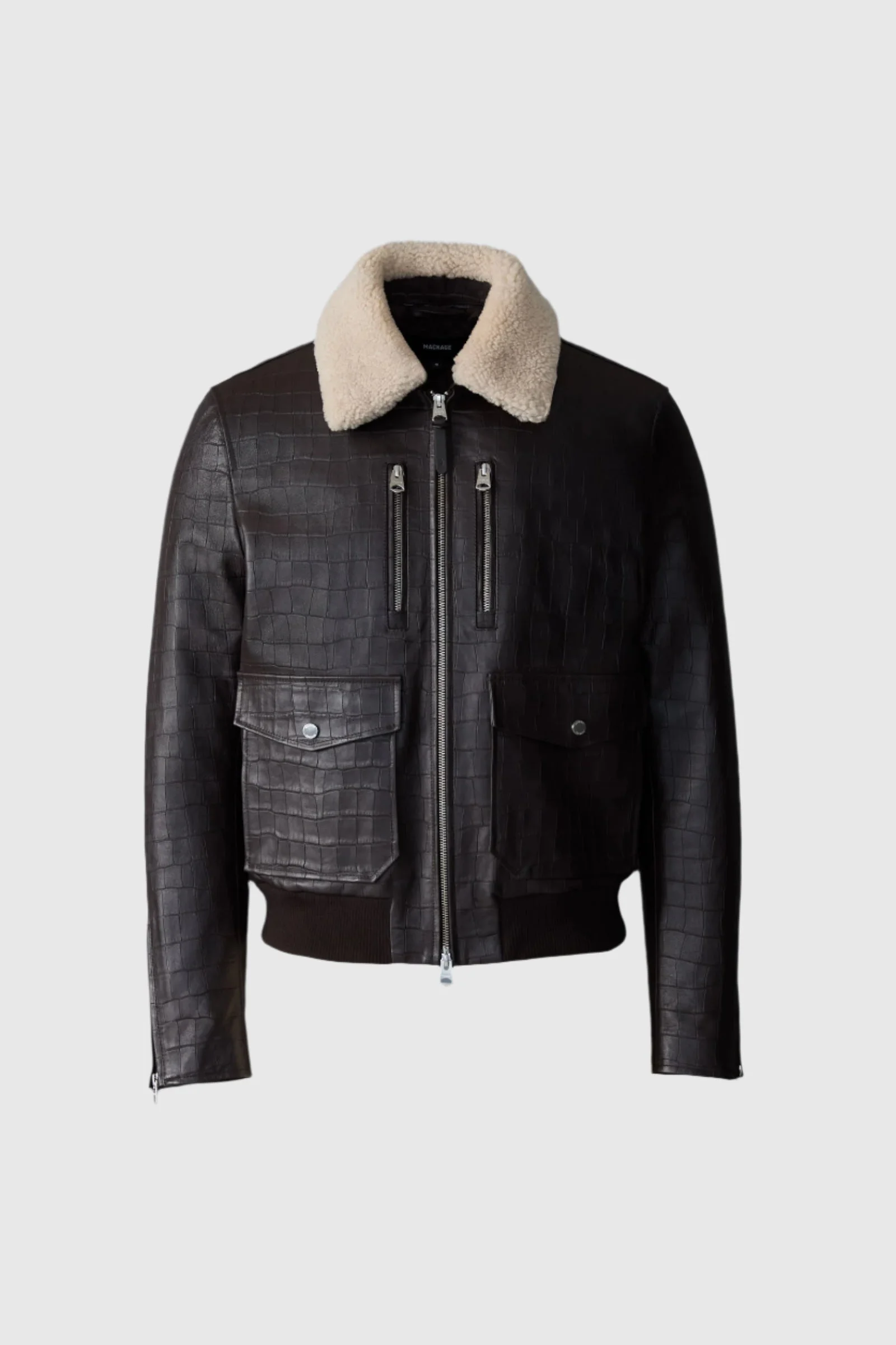 CHANCE-NV Croc-Embossed Leather Jacket with Shearling Collar - 1