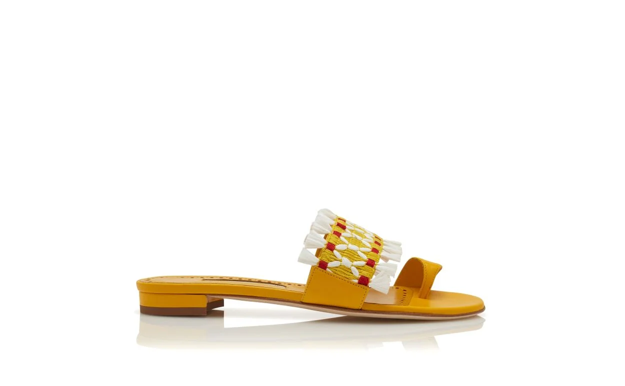 Yellow Nappa Leather Raffia Detail Flat Mules - 1