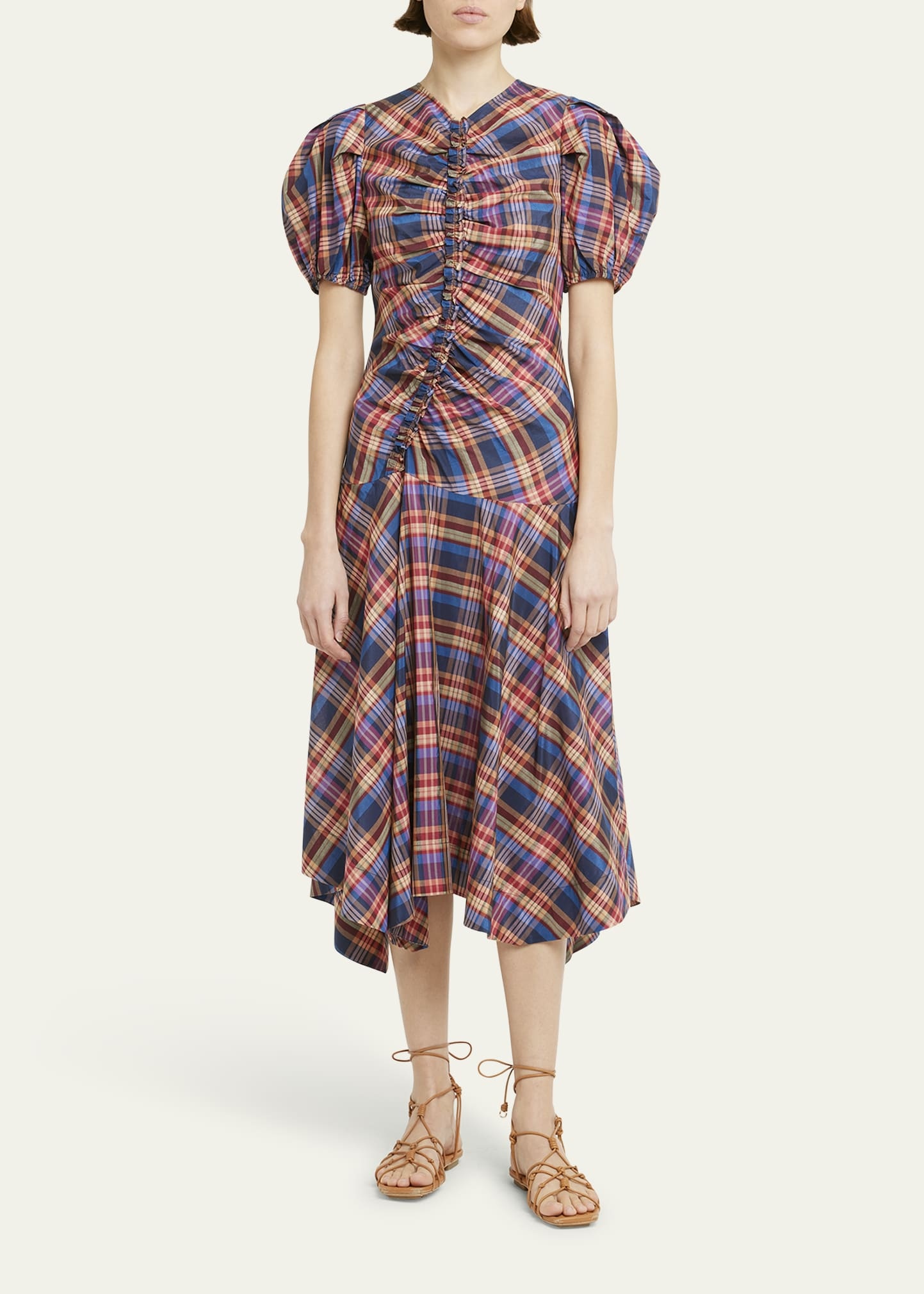 Heleen Puff-Sleeve Silk Cotton Plaid Midi Dress - 2