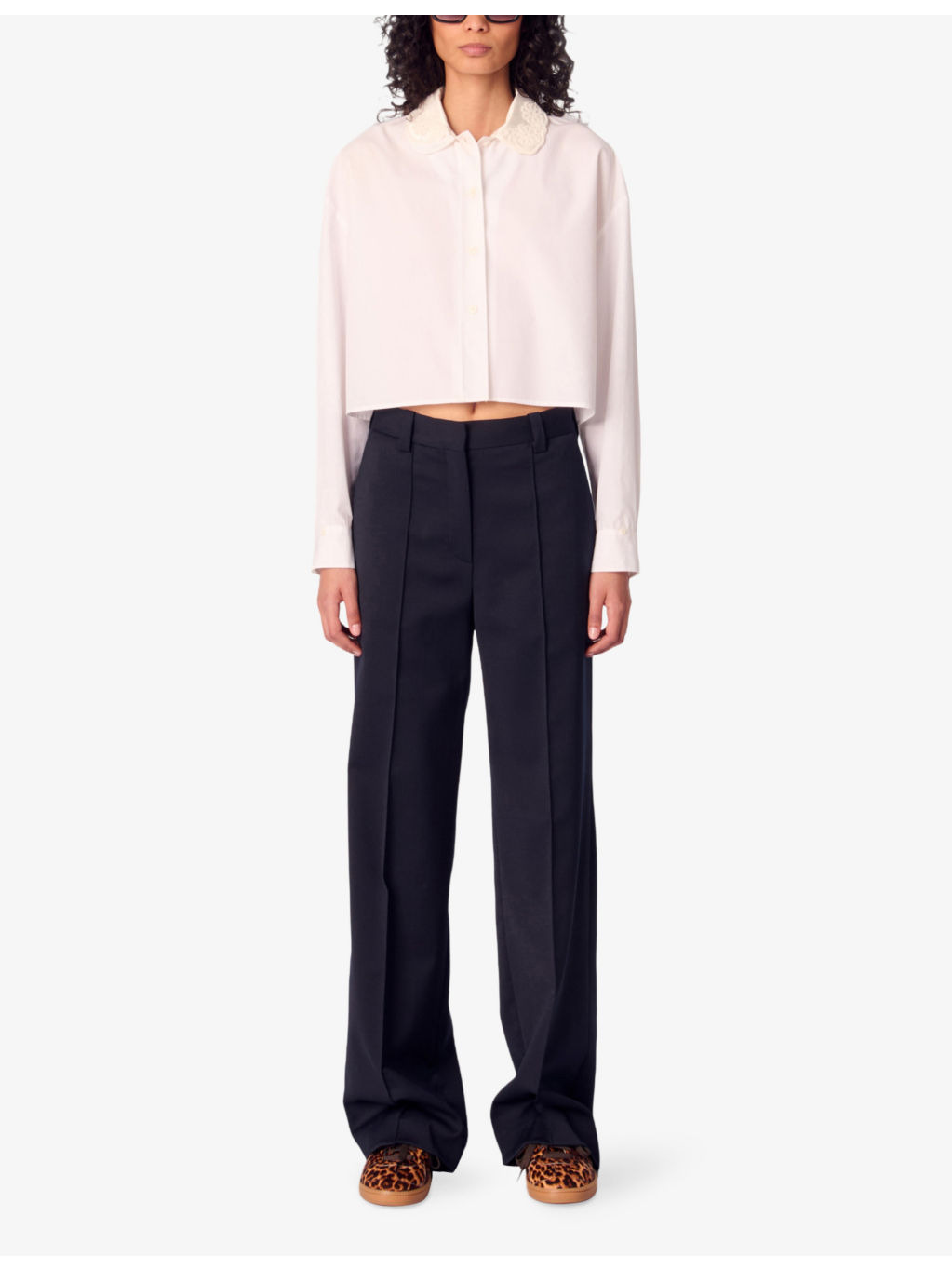 Embroidered-Collar Long-Sleeve Cropped Cotton Shirt - 2