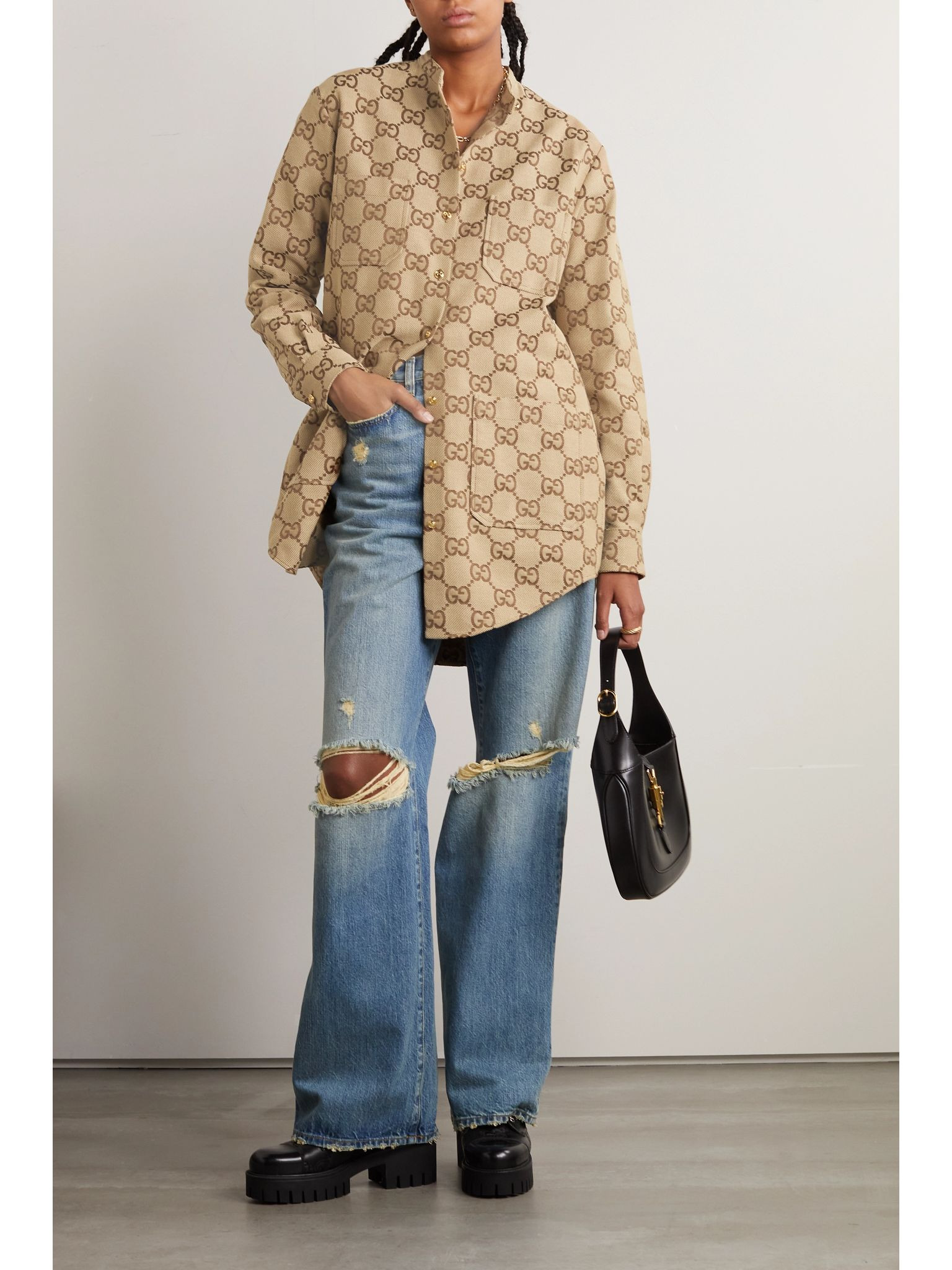 Cotton-blend canvas-jacquard shirt Camel - 2