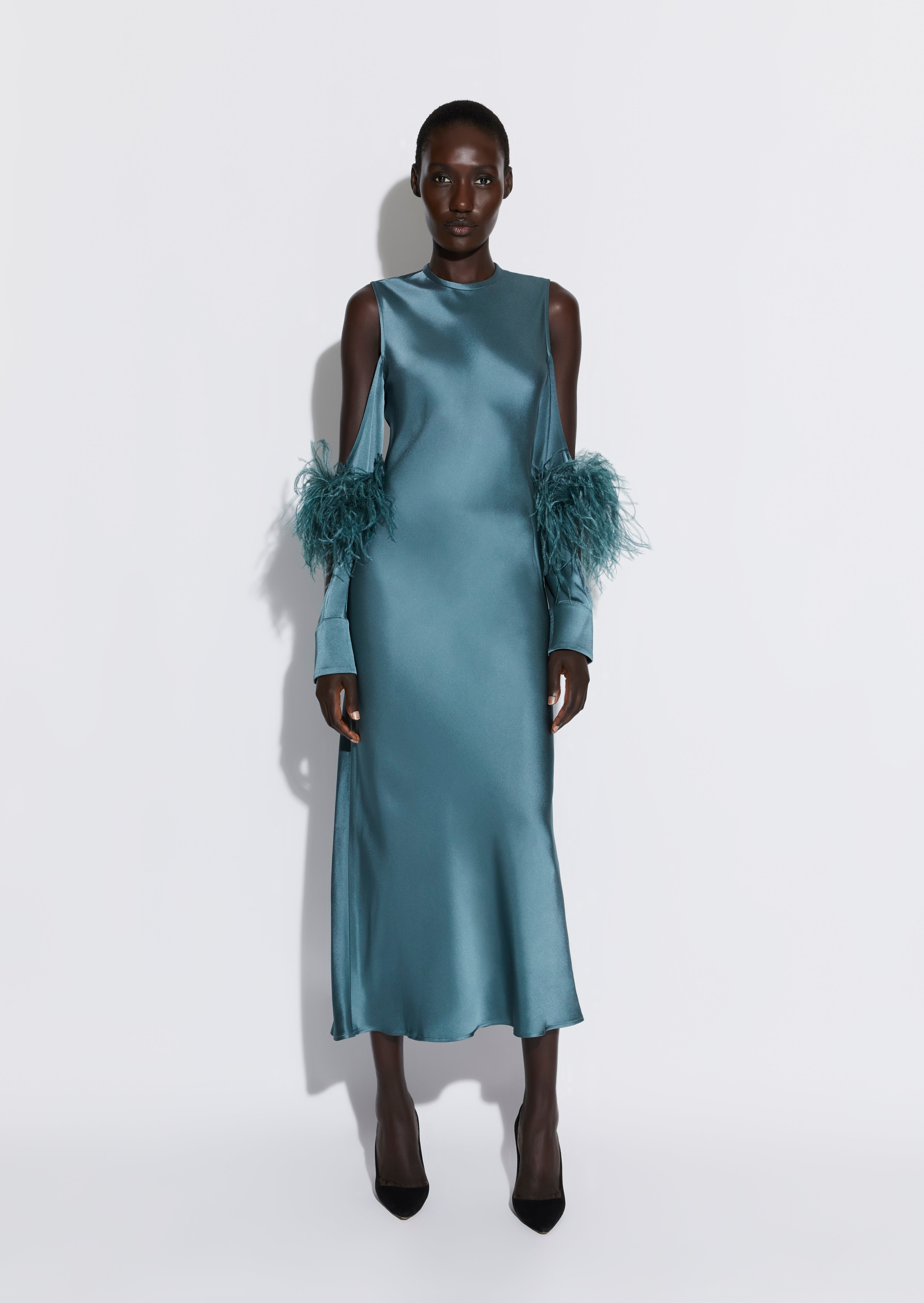 Doubleface Satin Bias Feather Dress With Cut Outs - 2