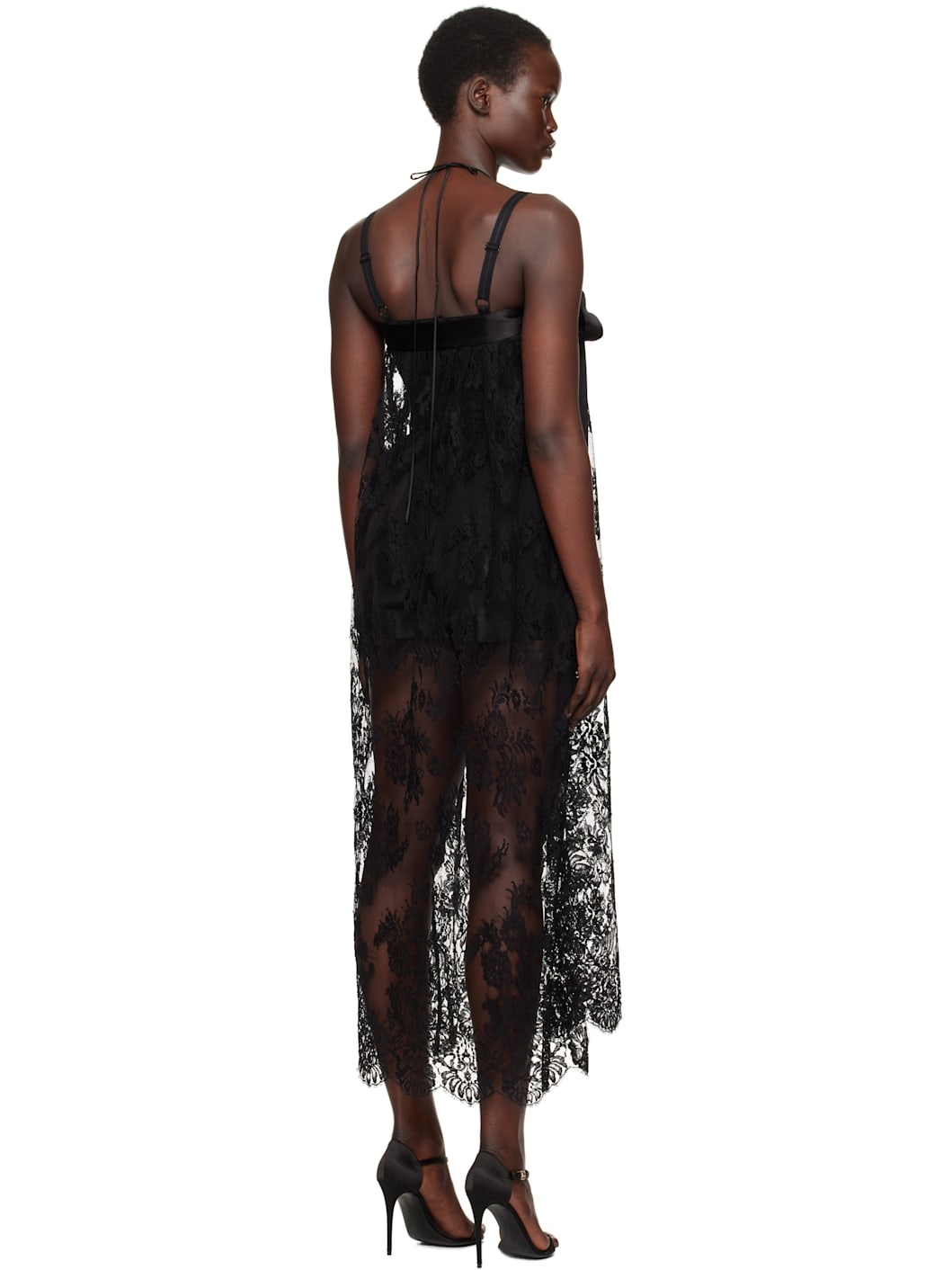 Black Calf-Length Chantilly Lace Midi Dress - 3