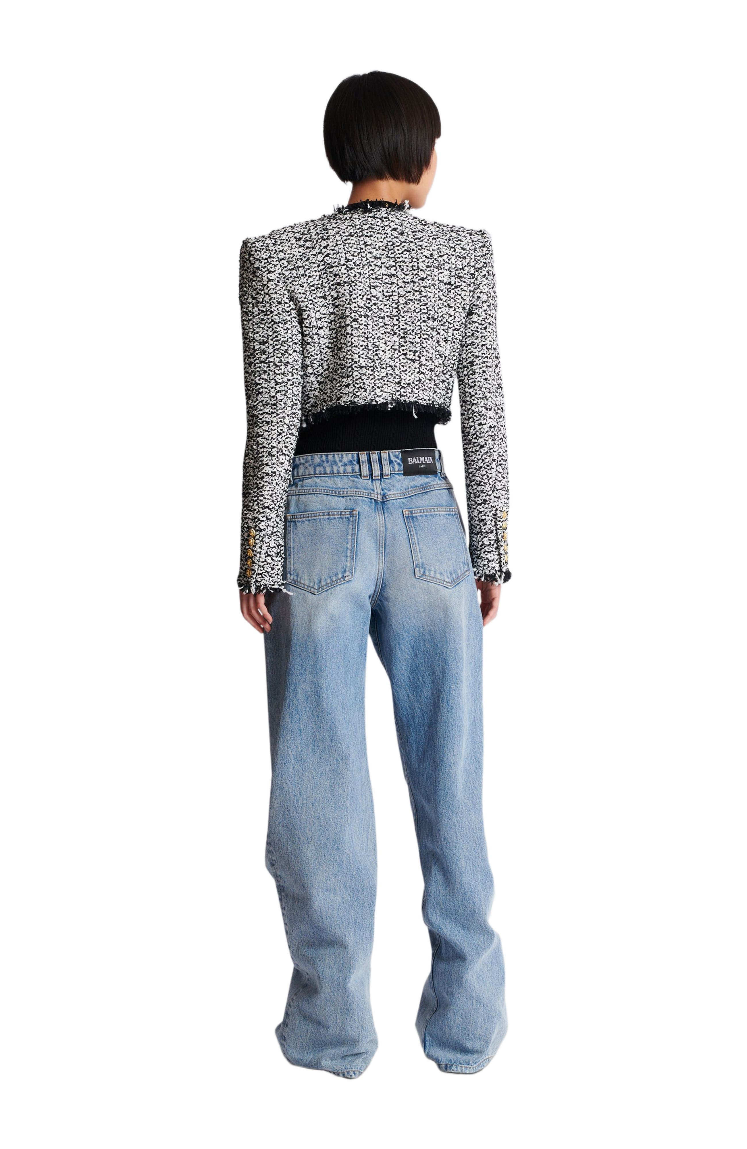 Balmain Cropped Tweed Jacket in Black at Nordstrom - 3
