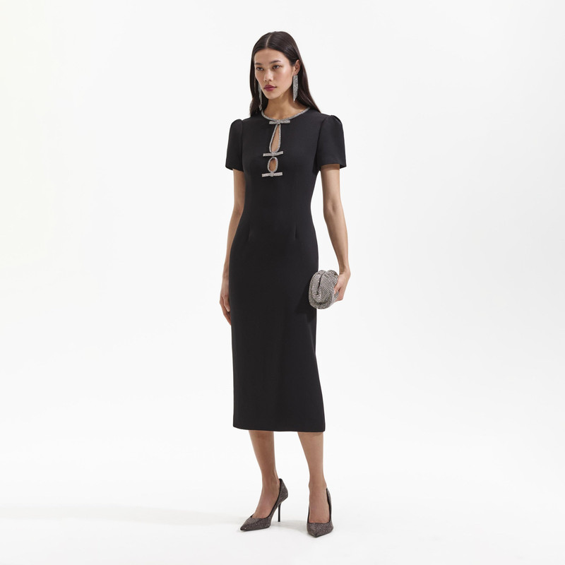 knee length dresses for ladies SP Black Crepe Diamante Bow Midi Dress with Cut Out – Classy Couture (SG) main image 0