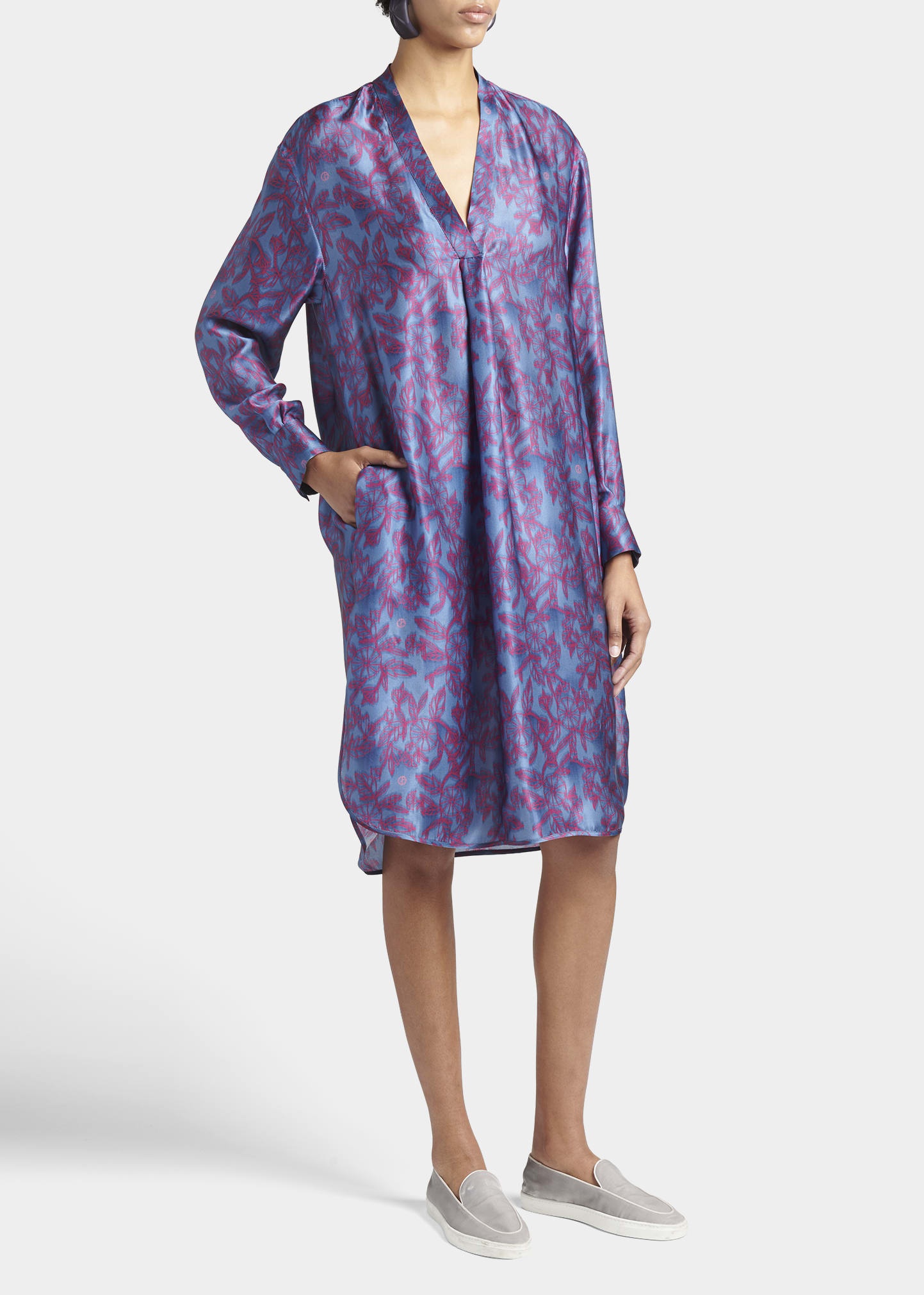 Floral-Print Silk Tunic Dress - 1