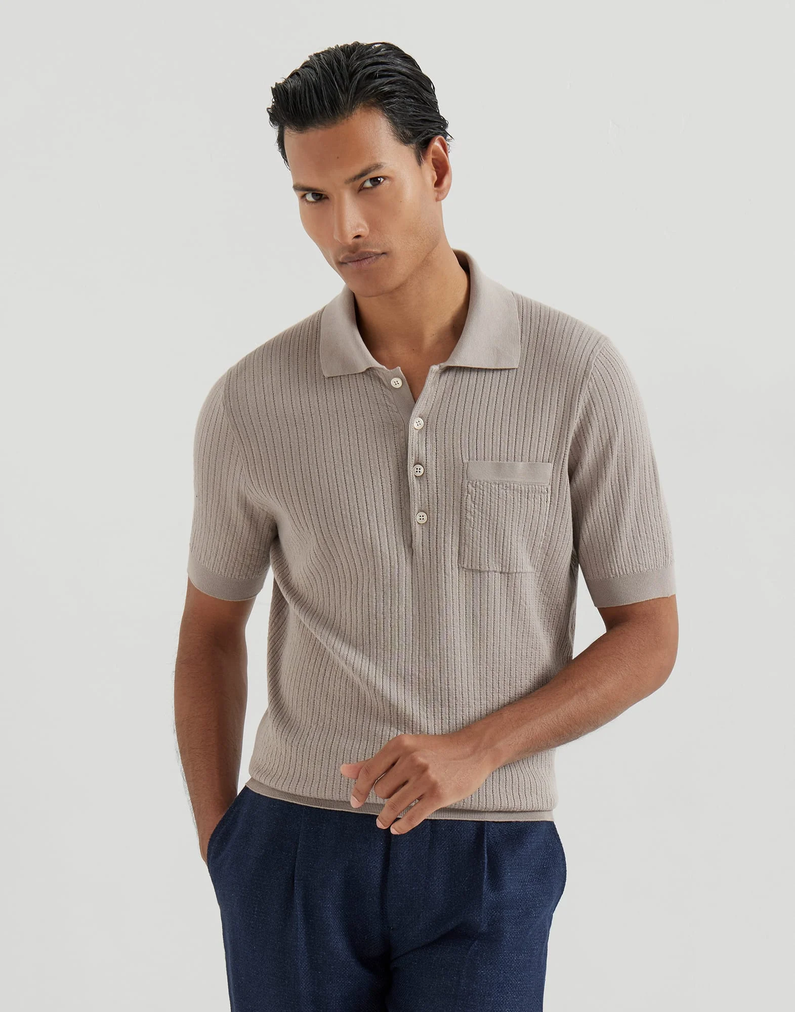 Cotton textured rib lightweight knit polo shirt - 1
