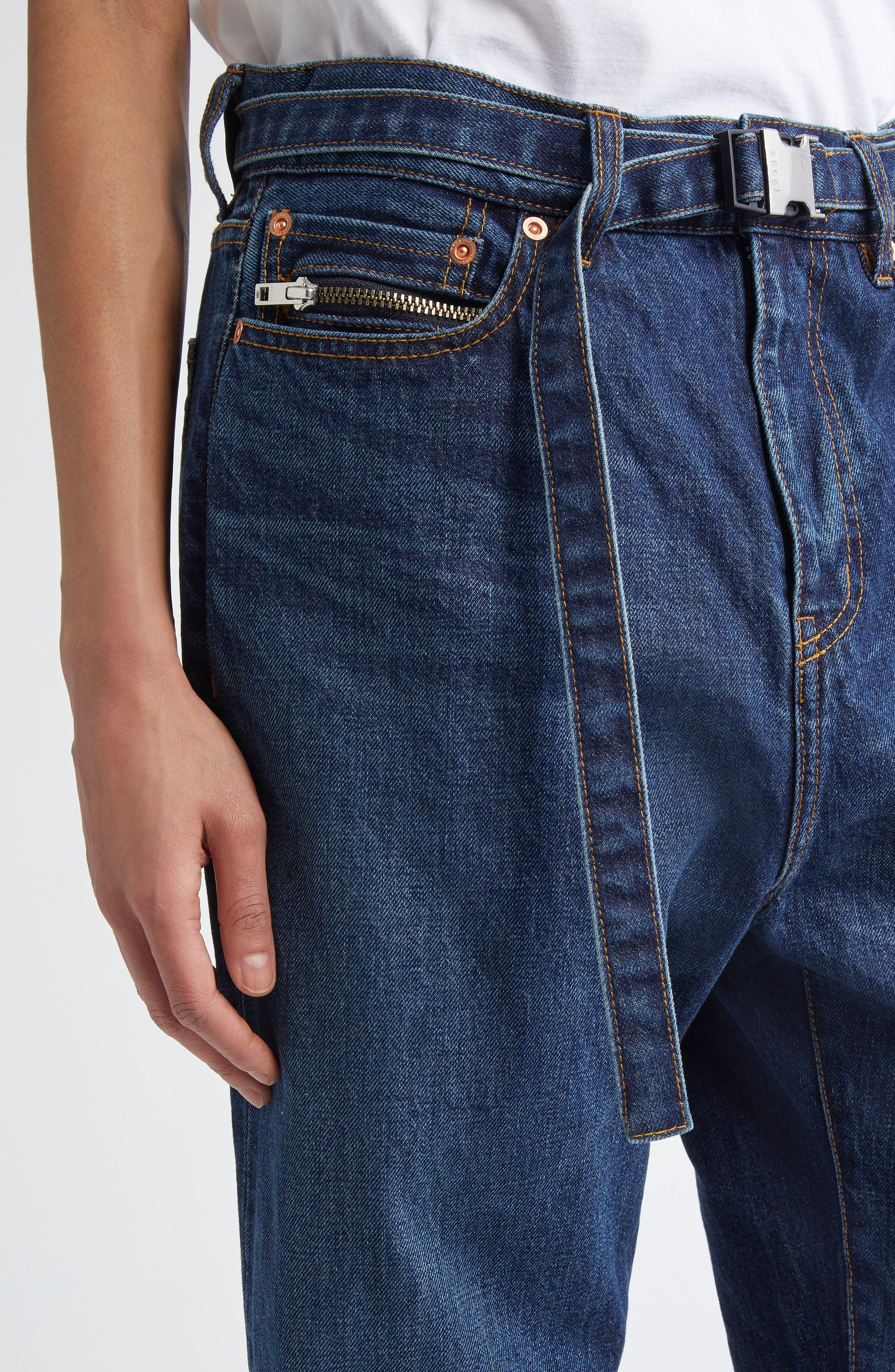 Sacai Belted Straight Leg Jeans in Blue 401 at Nordstrom - 5