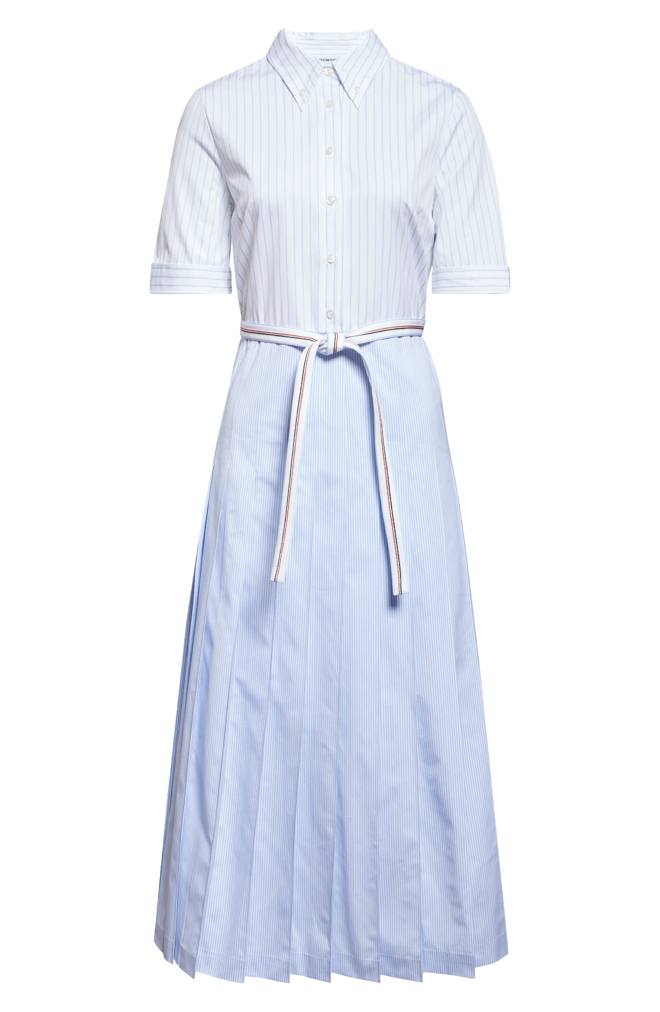 Thom Browne Mixed Stripe Pleated Button-Down Shirtdress in Light Blue at Nordstrom - 5