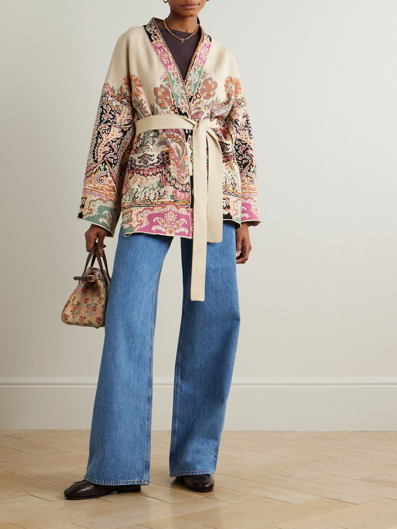 Etro Belted silk, cotton and linen-jacquard cardigan Cream outlook