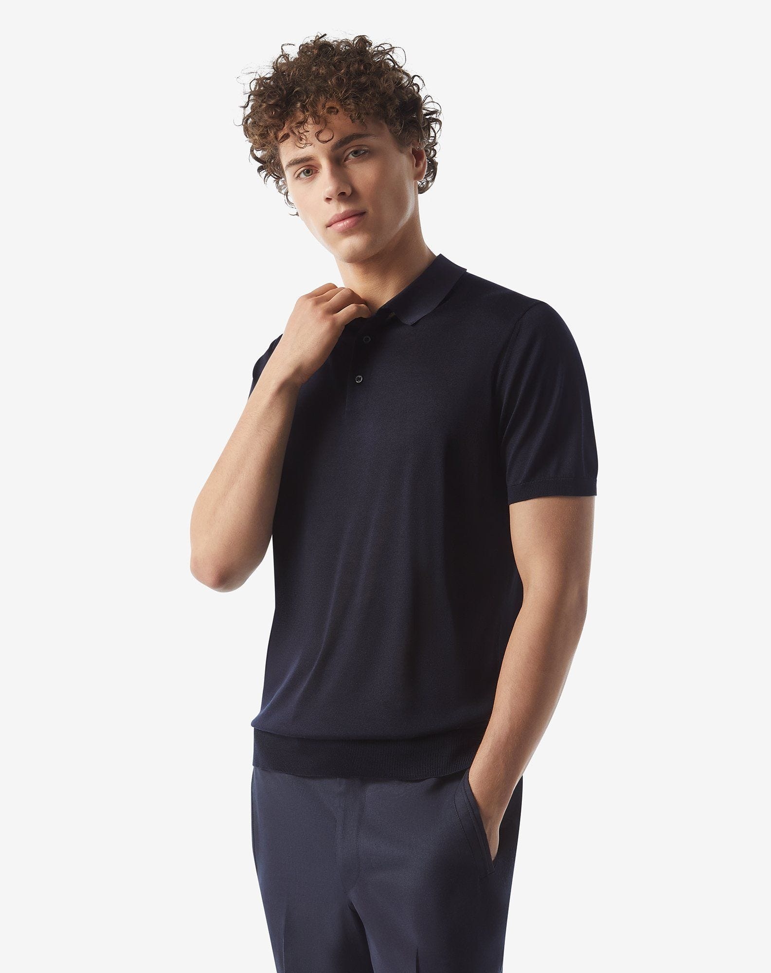 Navy blue pure silk button-up polo - 2