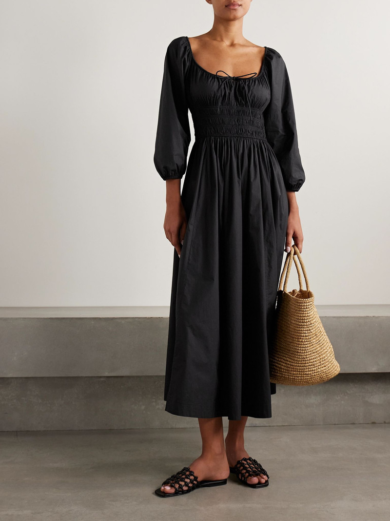 DÔEN Quintessa tie-detailed shirred organic cotton-poplin midi dress Black outlook