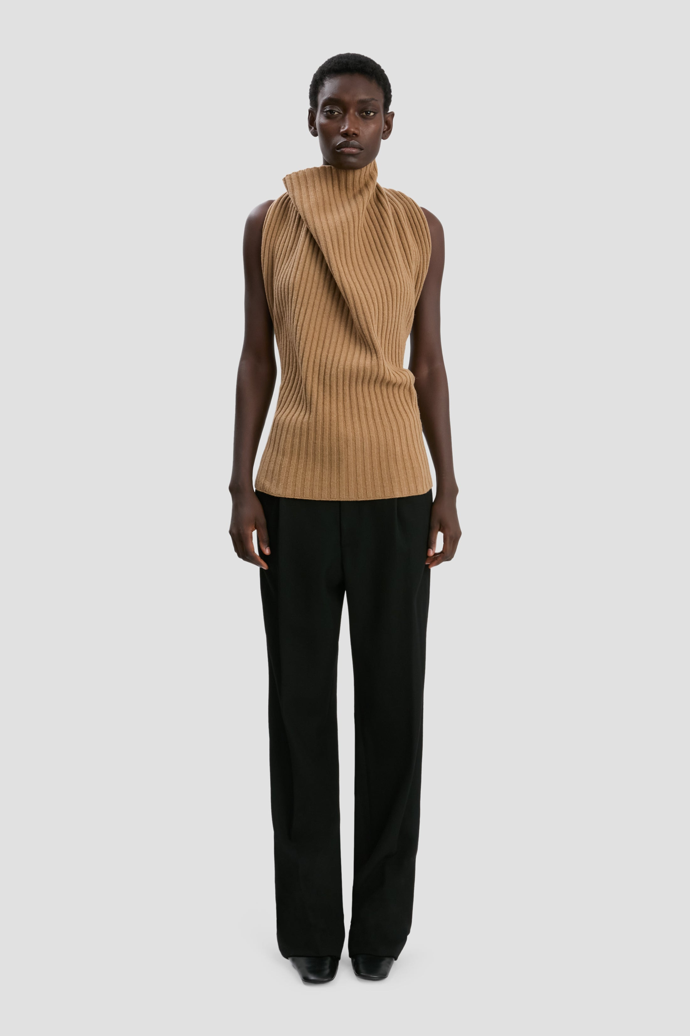 Draped Sleeveless Rib Top In Dark Camel - 2