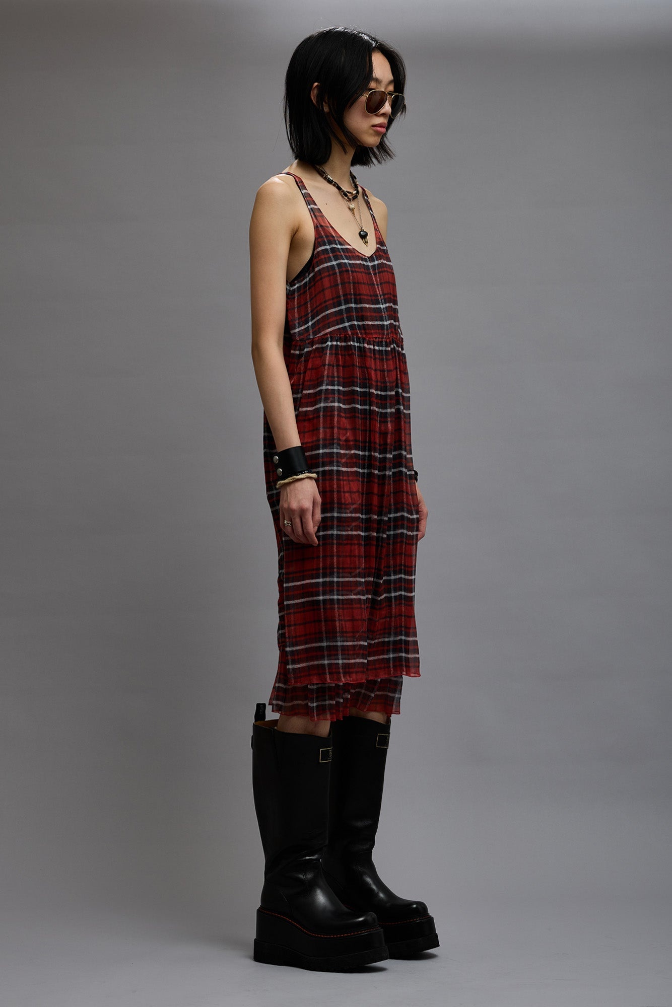 GATHERED TANK DRESS - RED PLAID CHIFFON - 3